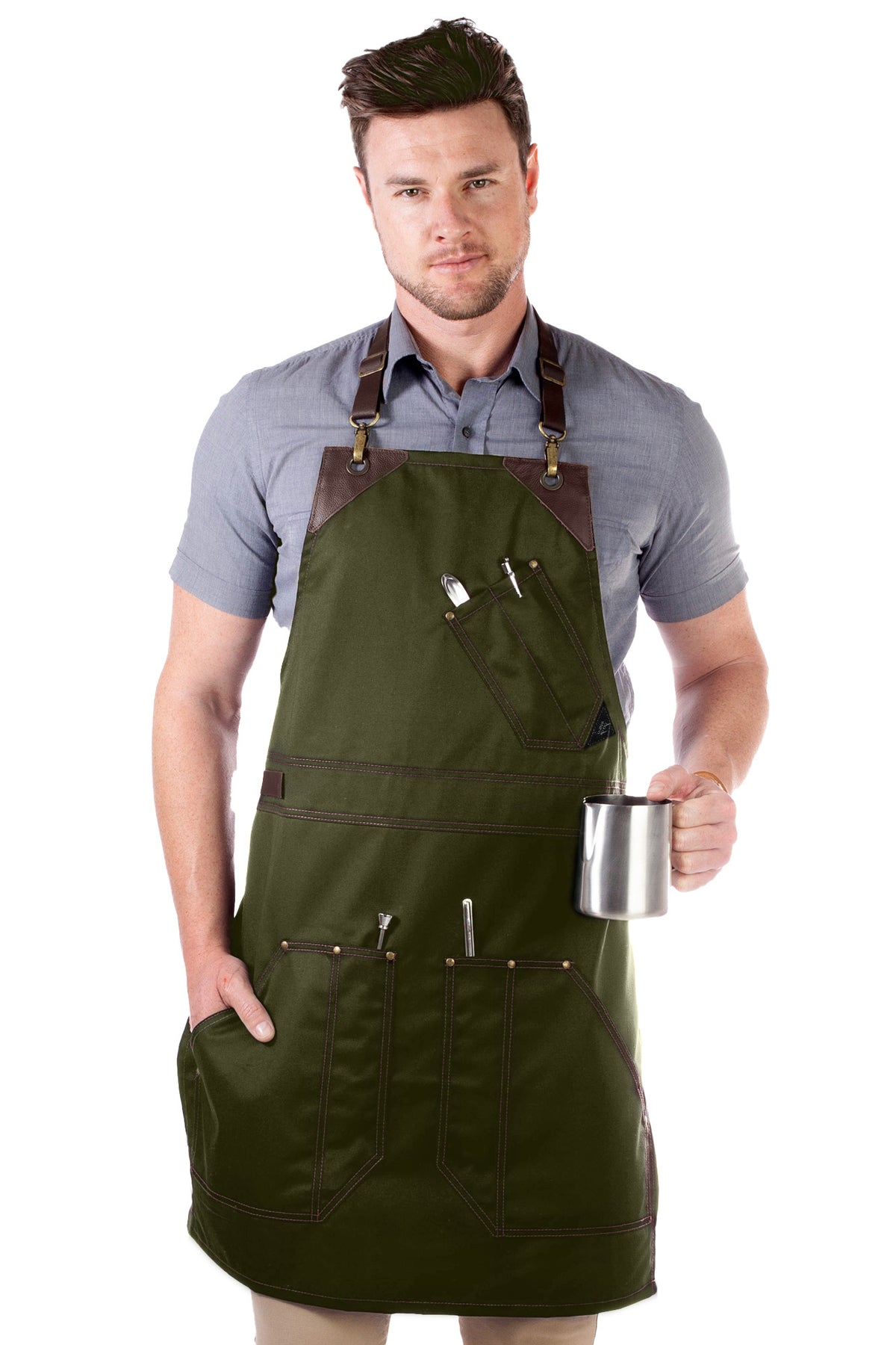 Barista Apron - Leather Straps &amp; Loops - Double Stitched - Chef, Cook, Barista, Bartender - Under NY Sky