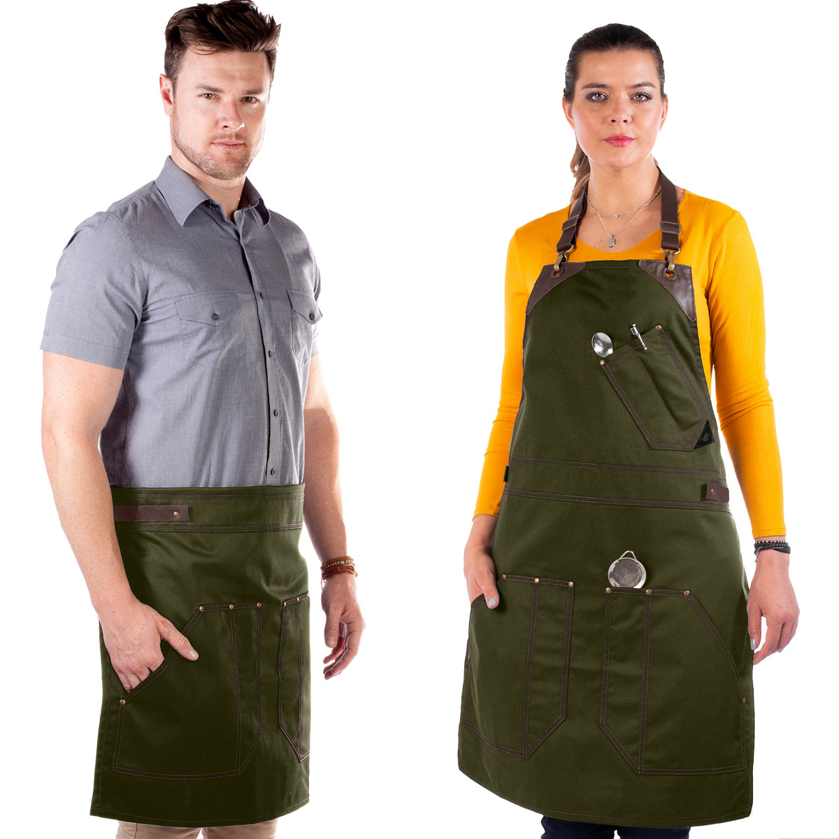 Barista Apron - Leather Straps &amp; Loops - Double Stitched - Chef, Cook, Barista, Bartender - Under NY Sky