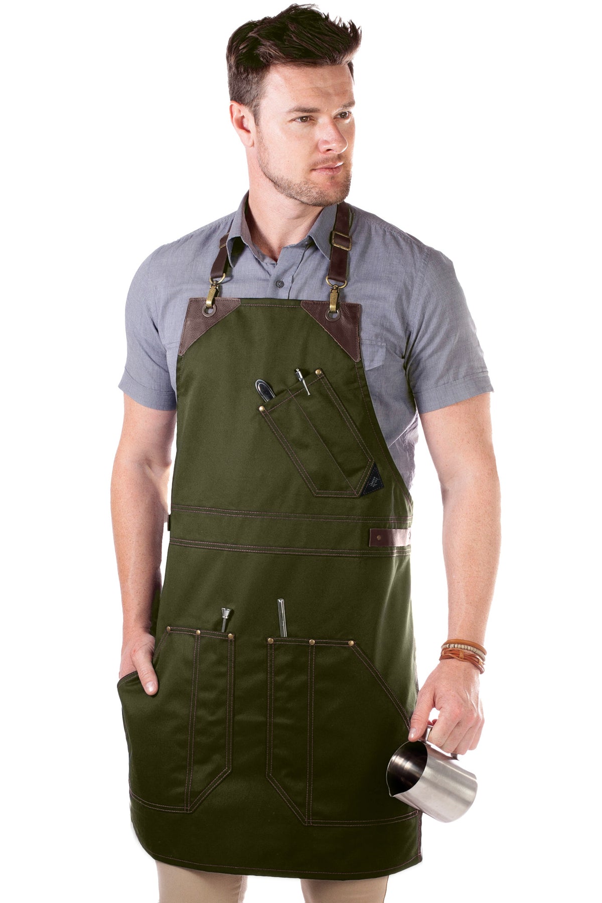 Barista Apron - Leather Straps &amp; Loops - Double Stitched - Chef, Cook, Barista, Bartender - Under NY Sky