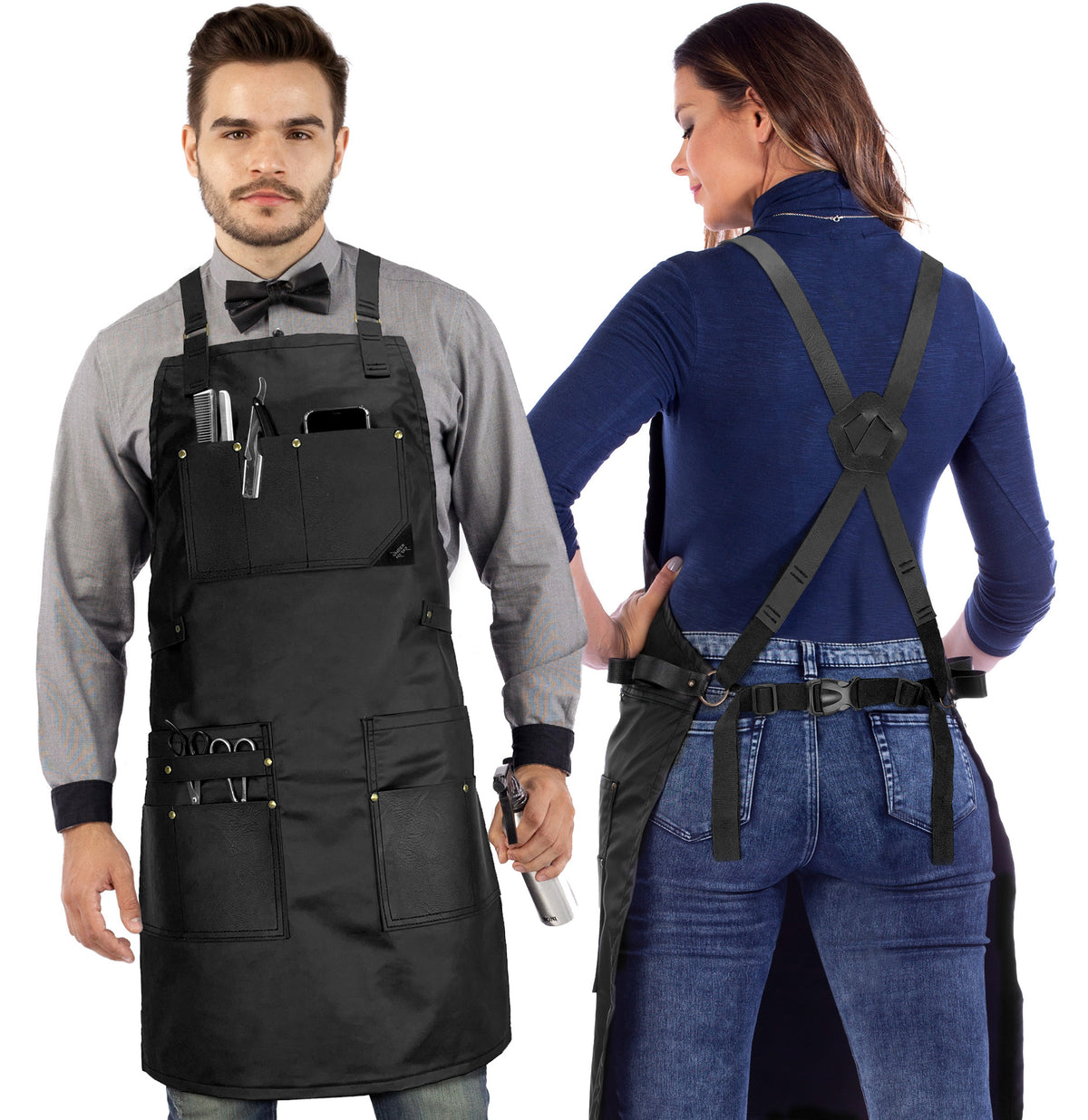 Barber Apron - Leather Straps, Pockets, Loops &amp; Reinforcements - Crossback - Water Resistant - Under NY Sky