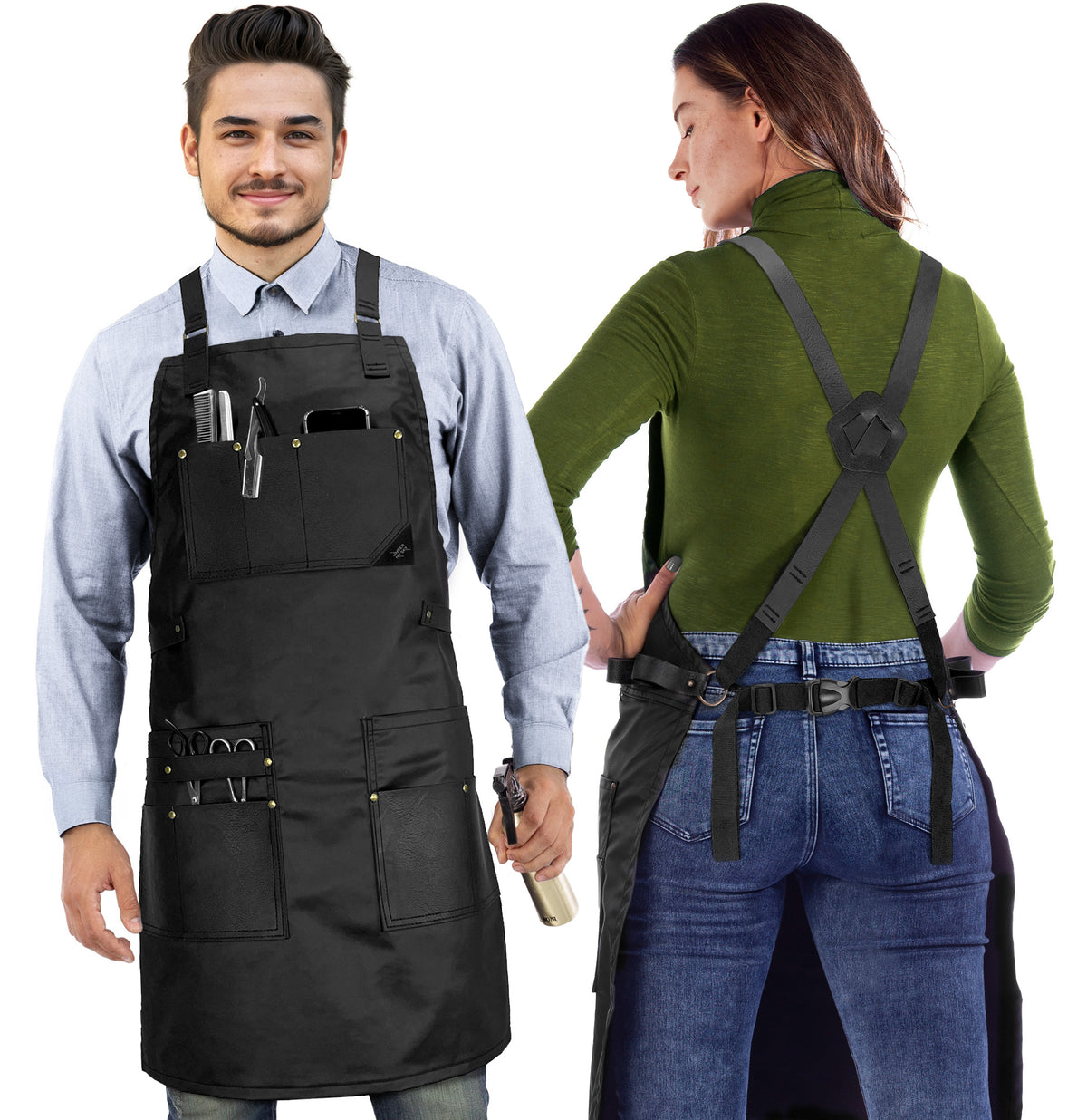 Avental para Barbeiro - Alças, Bolsos e Reforços em Couro - Alças Cruzadas - Resistente à água - Cabeleireiro, Colorista - Under NY Sky