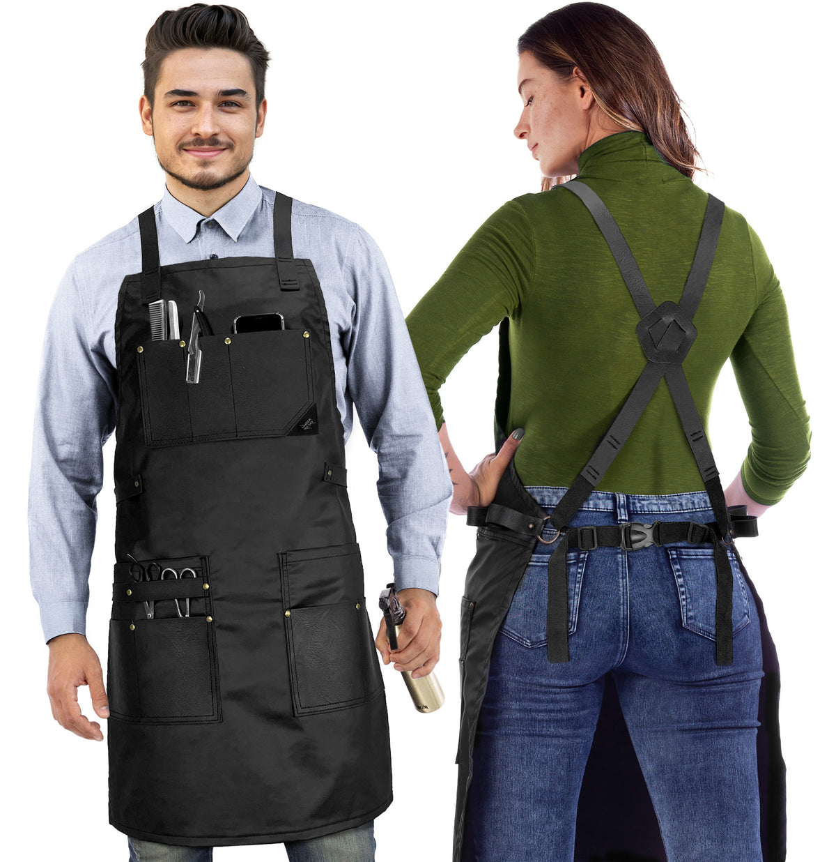 Avental para Barbeiro - Alças, Bolsos e Reforços em Couro - Alças Cruzadas - Resistente à água - Cabeleireiro, Colorista - Under NY Sky