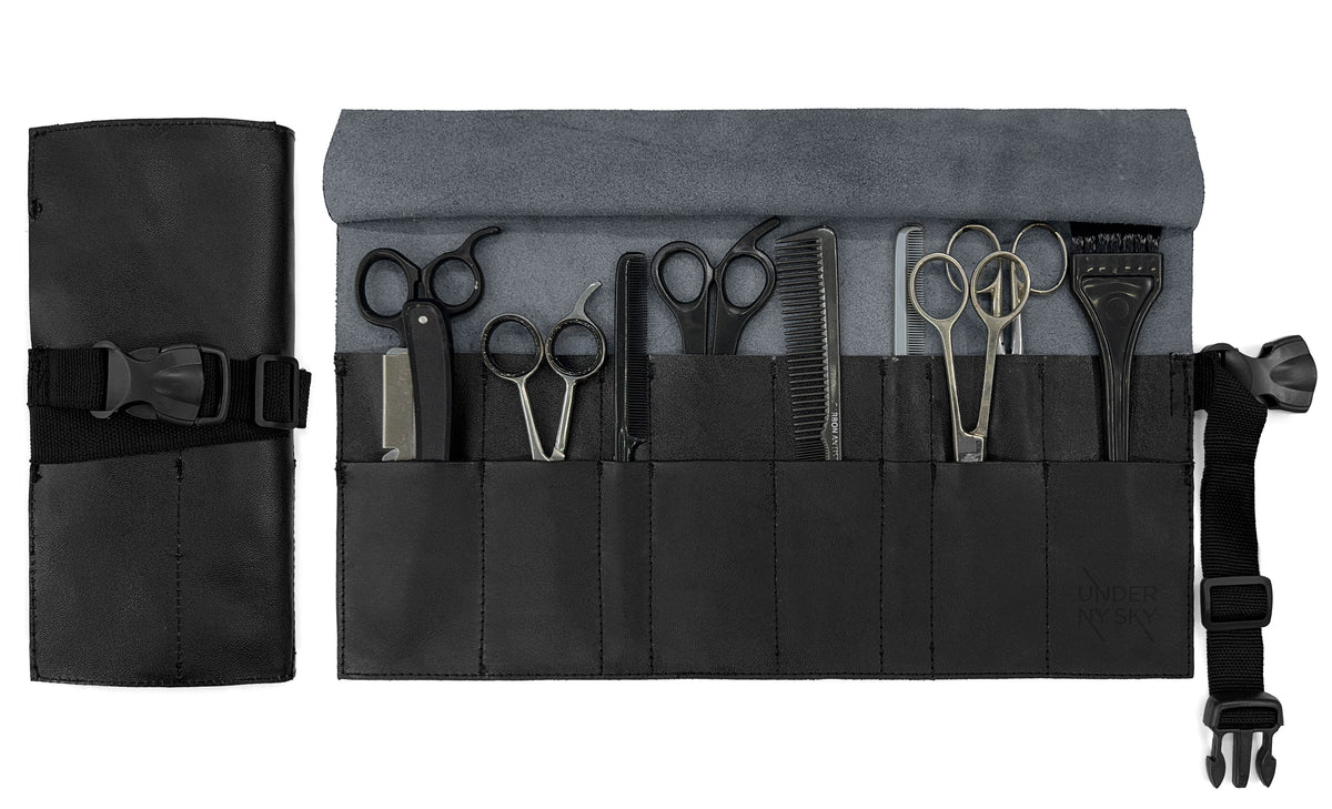 Estojo Porta Tesoura - Salão de Beleza, Barbearia - Case Rolo em Couro Legítimo para Tesouras de Corte de Cabelo, Pentes, Pincéis, Lápis Maquiagem - Barbeiro, Cabeleireiro, Maquiador -  Under NY Sky