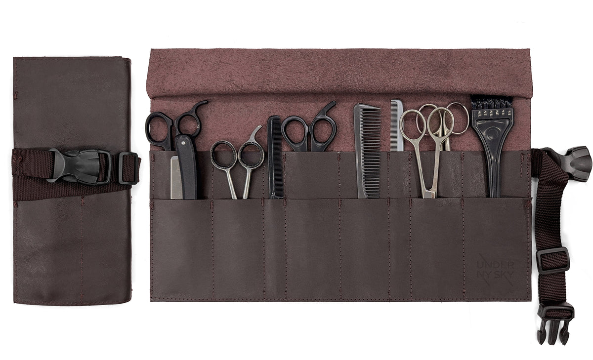 Estojo Porta Tesoura - Salão de Beleza, Barbearia - Case Rolo em Couro Legítimo para Tesouras de Corte de Cabelo, Pentes, Pincéis, Lápis Maquiagem - Barbeiro, Cabeleireiro, Maquiador -  Under NY Sky