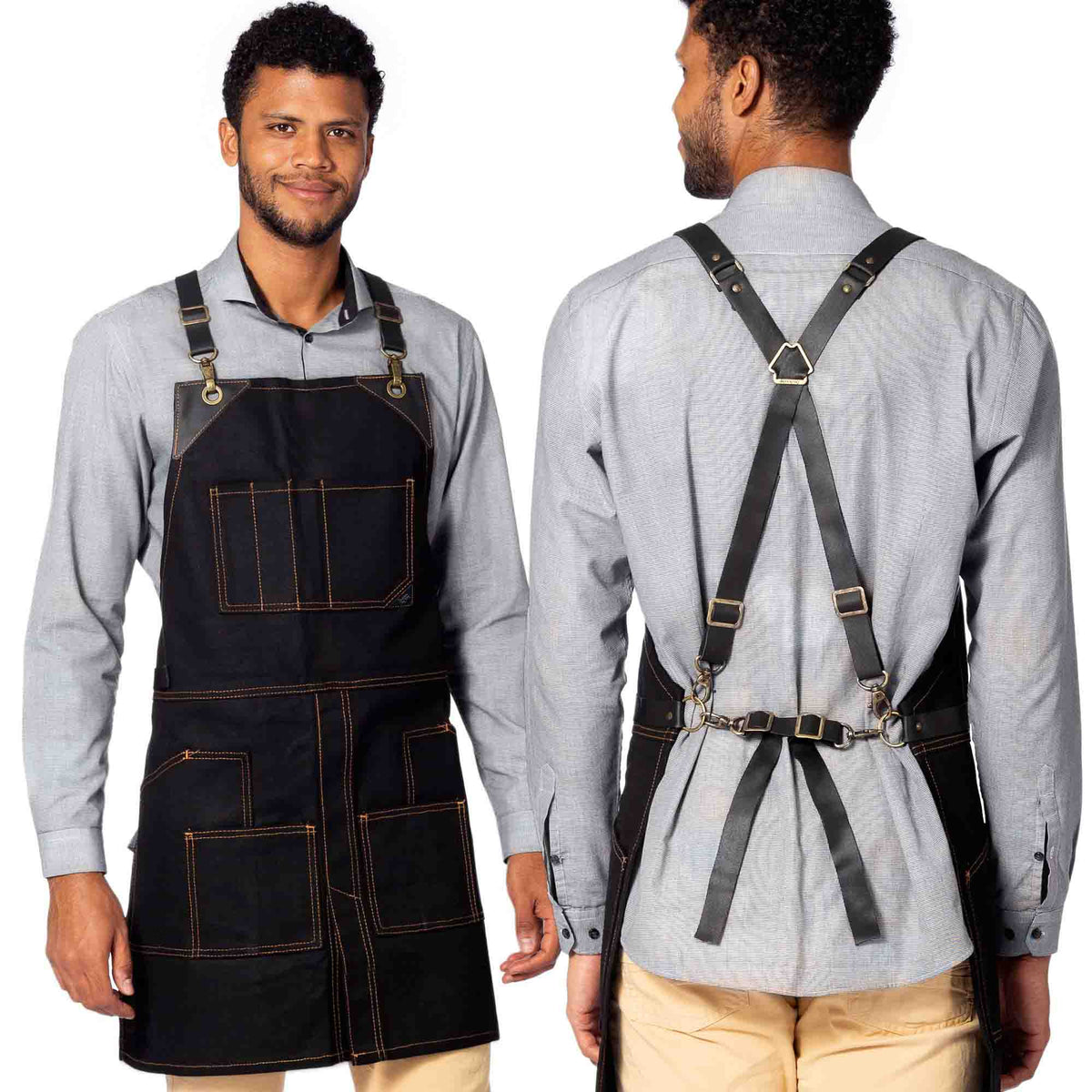 Leather Straps Apron - Denim or Waxed Canvas, CrossBack, Easy-Fastening - Carpenter, Shop, Work - Under NY Sky