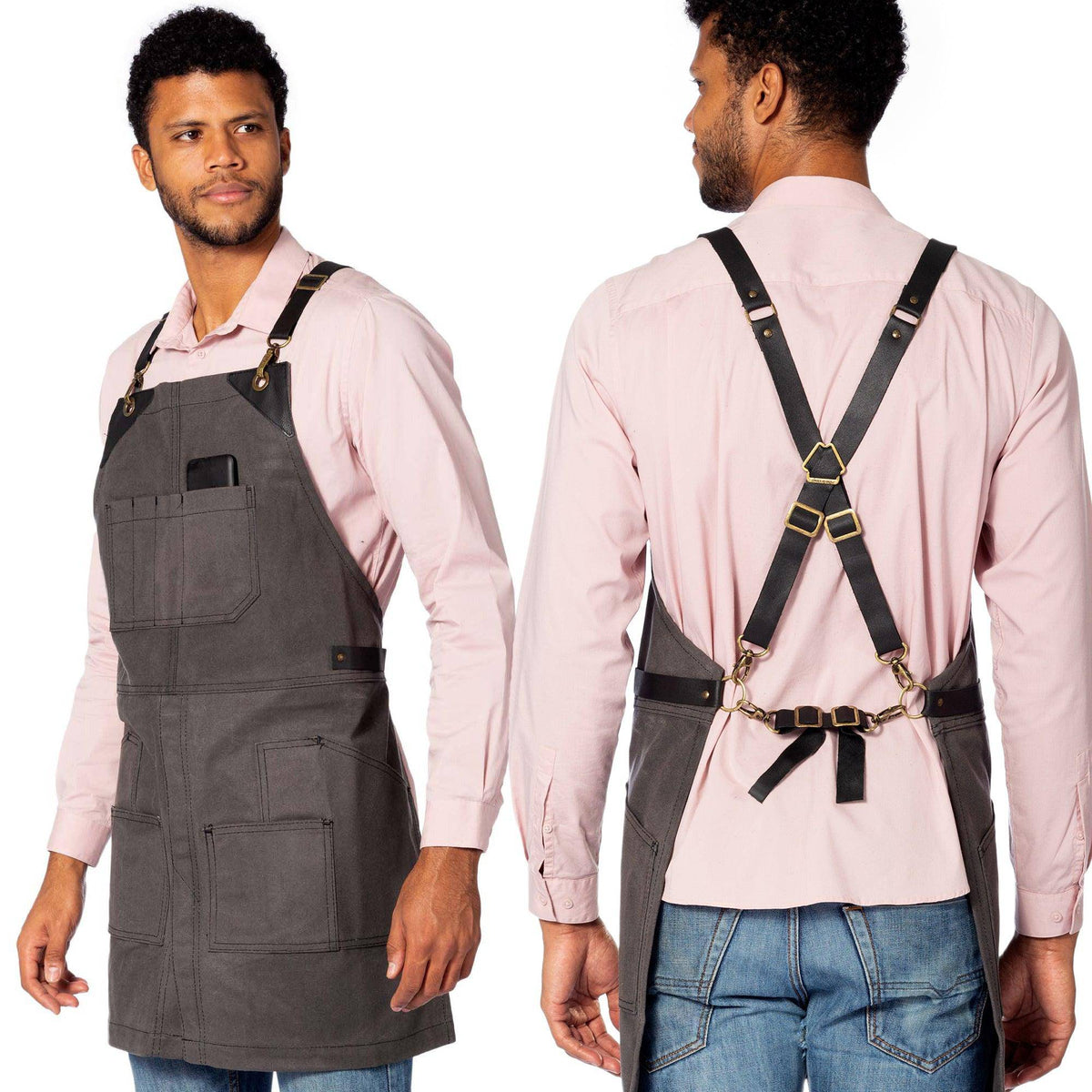 Leather Straps Apron - Denim or Waxed Canvas, CrossBack, Easy-Fastening - Carpenter, Shop, Work - Under NY Sky