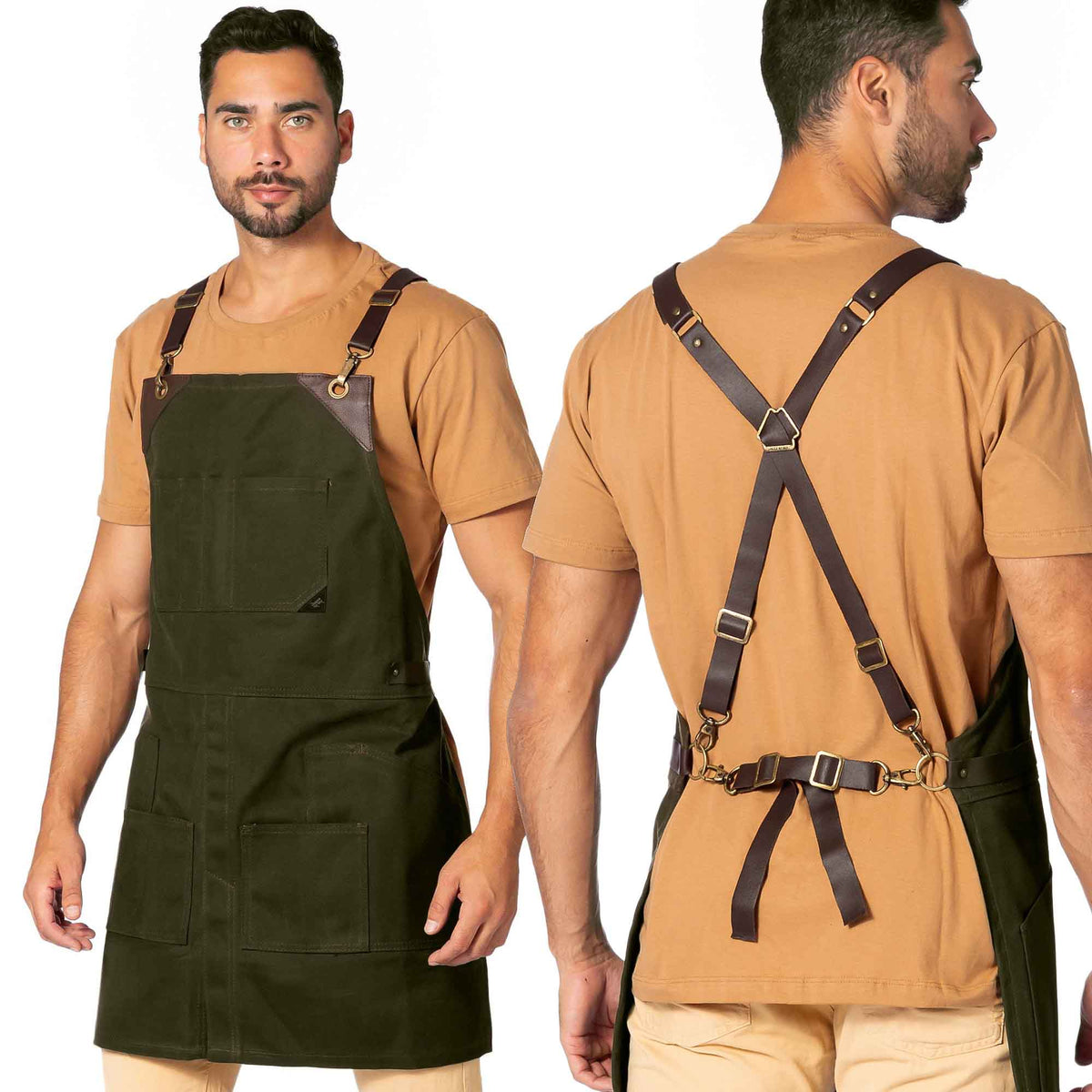 Leather Straps Apron - Denim or Waxed Canvas, CrossBack, Easy-Fastening - Carpenter, Shop, Work - Under NY Sky