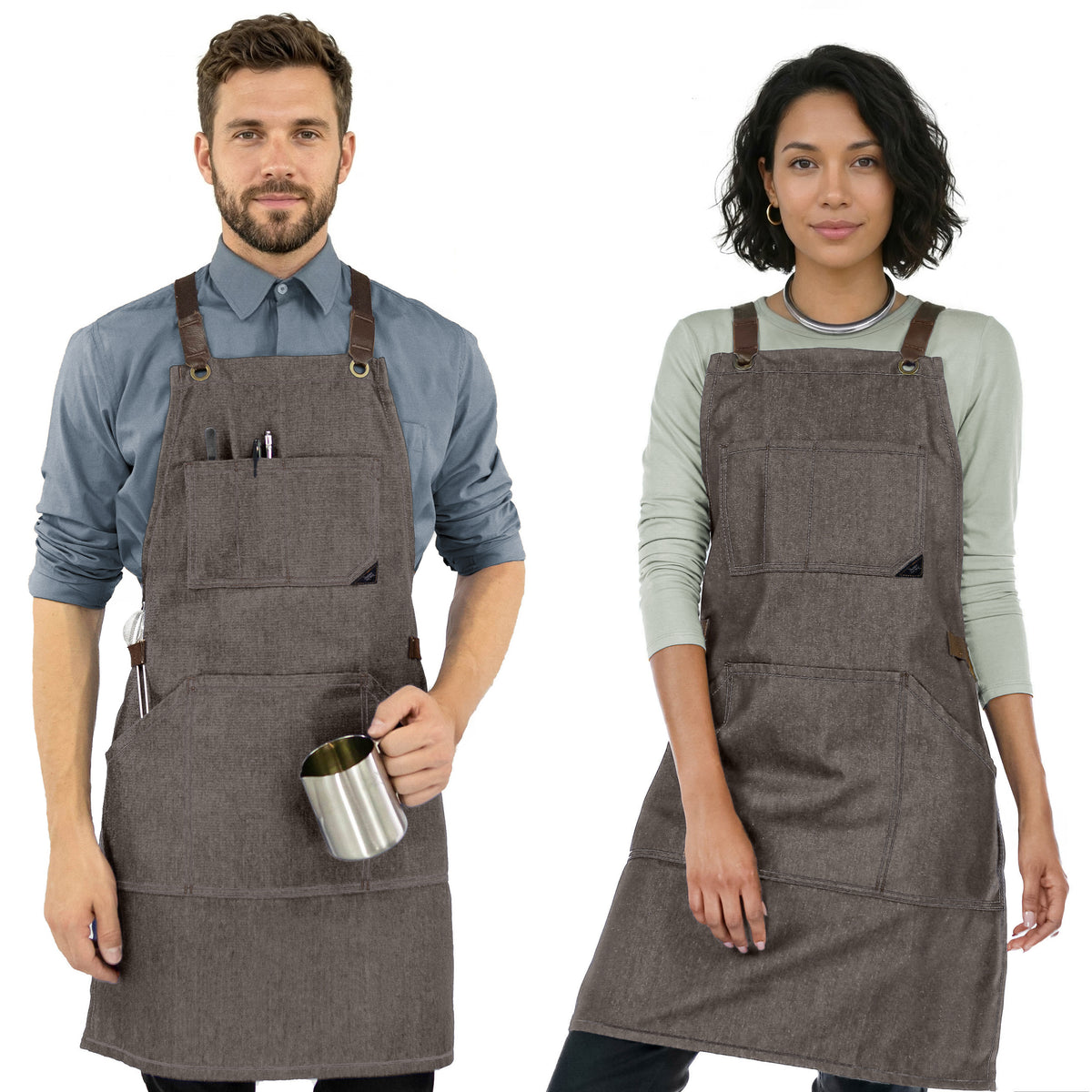 Avental de Trabalho – Jeans ou Sarja Profissional, Acabamento em Couro, Alças Cruzadas, Chef, Bartender, Comércio, Garçom - Under NY Sky