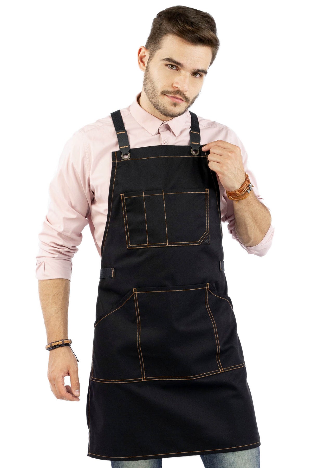 Work Apron - Professional Denim &amp; Twill, Leather Trim, CrossBack, Chef, Bartender, Shop, Server - Under NY Sky