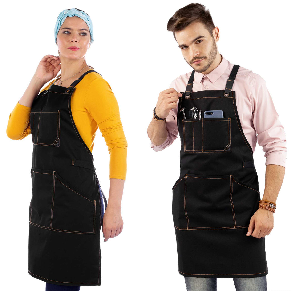 Work Apron - Professional Denim &amp; Twill, Leather Trim, CrossBack, Chef, Bartender, Shop, Server - Under NY Sky