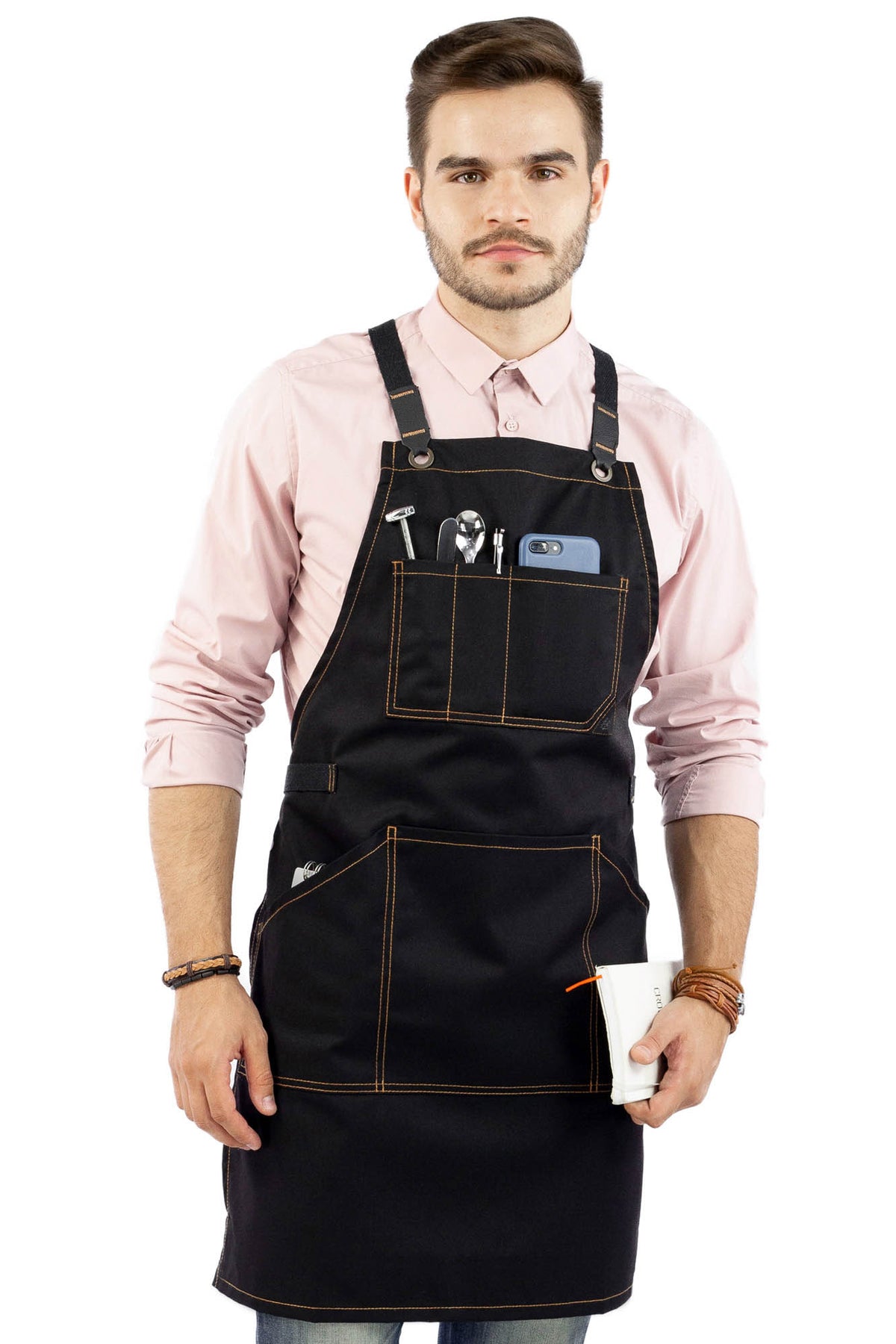 Work Apron - Professional Denim &amp; Twill, Leather Trim, CrossBack, Chef, Bartender, Shop, Server - Under NY Sky