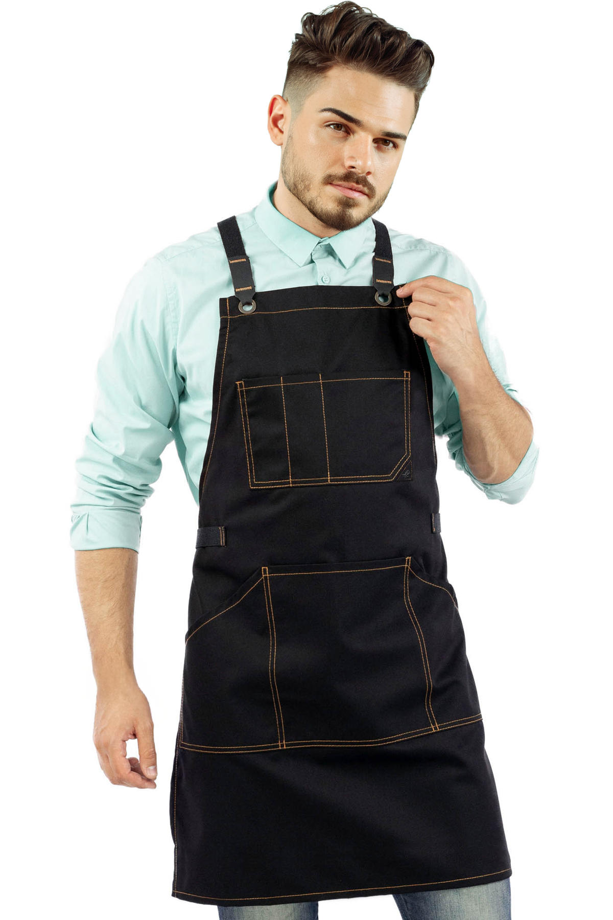 Avental de Trabalho – Jeans ou Sarja Profissional, Acabamento em Couro, Alças Cruzadas, Chef, Bartender, Comércio, Garçom - Under NY Sky