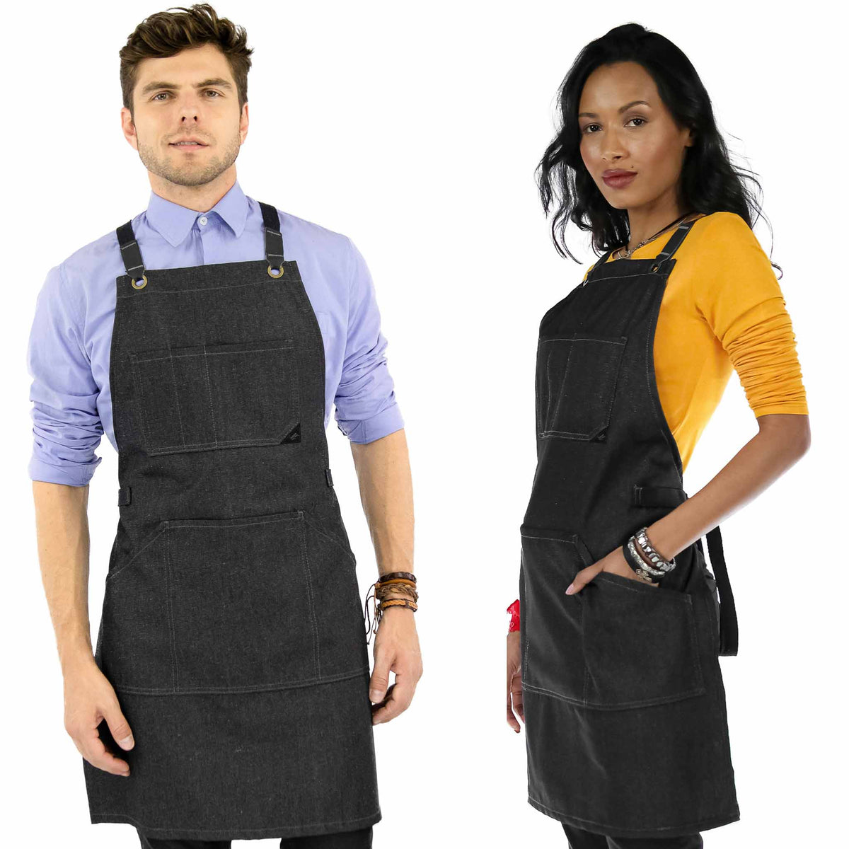 Work Apron - Professional Denim &amp; Twill, Leather Trim, CrossBack, Chef, Bartender, Shop, Server - Under NY Sky