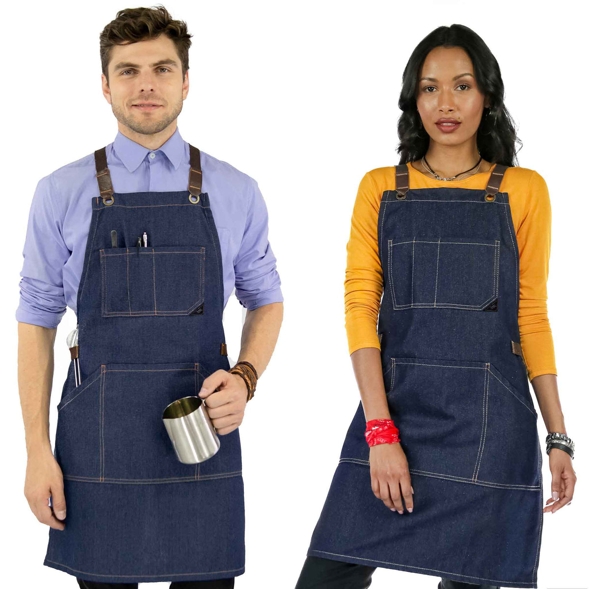 Work Apron - Professional Denim &amp; Twill, Leather Trim, CrossBack, Chef, Bartender, Shop, Server - Under NY Sky