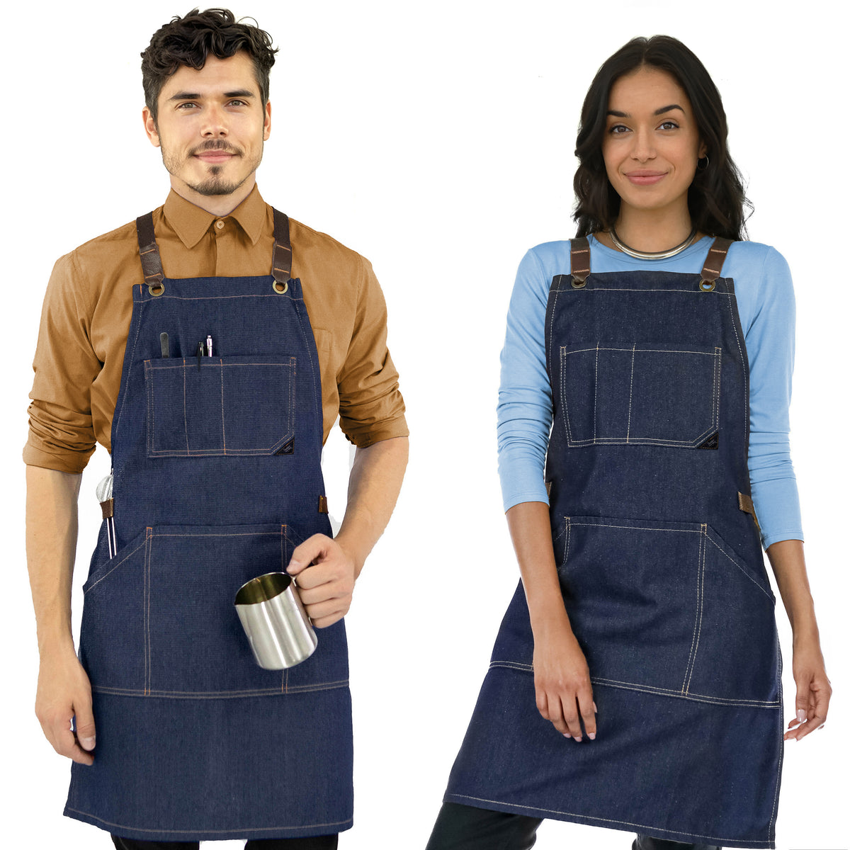 Avental de Trabalho – Jeans ou Sarja Profissional, Acabamento em Couro, Alças Cruzadas, Chef, Bartender, Comércio, Garçom - Under NY Sky