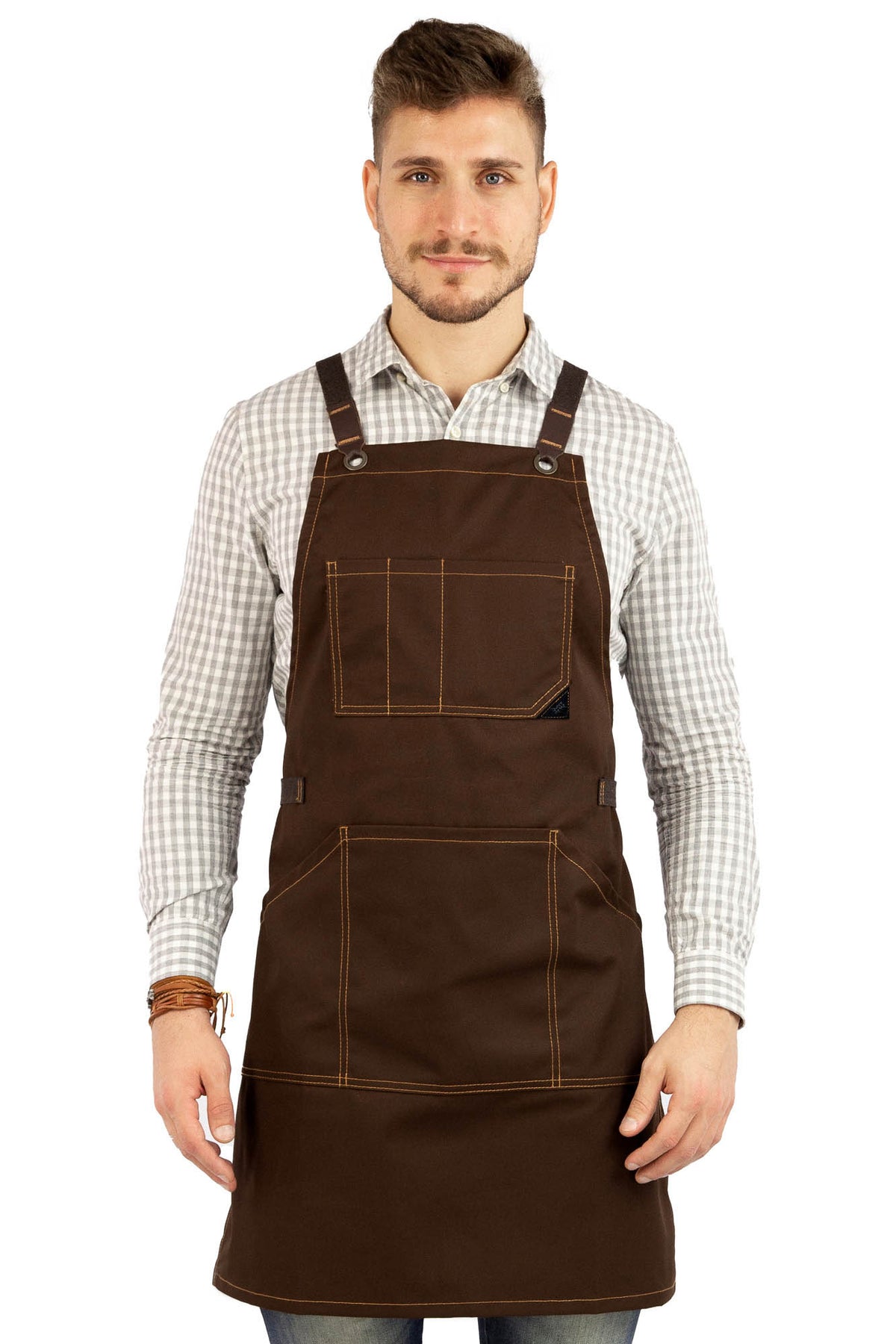 Work Apron - Professional Denim &amp; Twill, Leather Trim, CrossBack, Chef, Bartender, Shop, Server - Under NY Sky