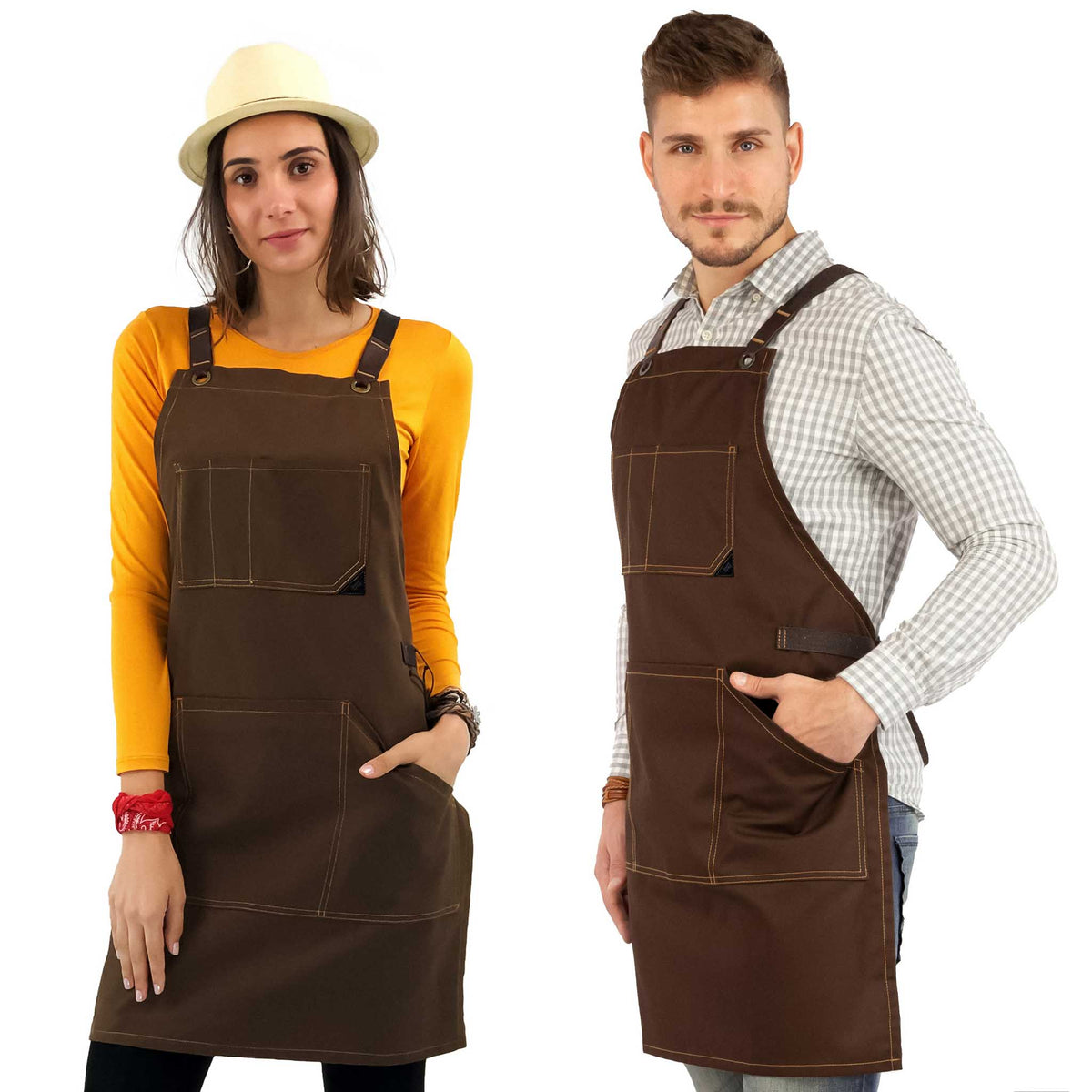 Work Apron - Professional Denim &amp; Twill, Leather Trim, CrossBack, Chef, Bartender, Shop, Server - Under NY Sky