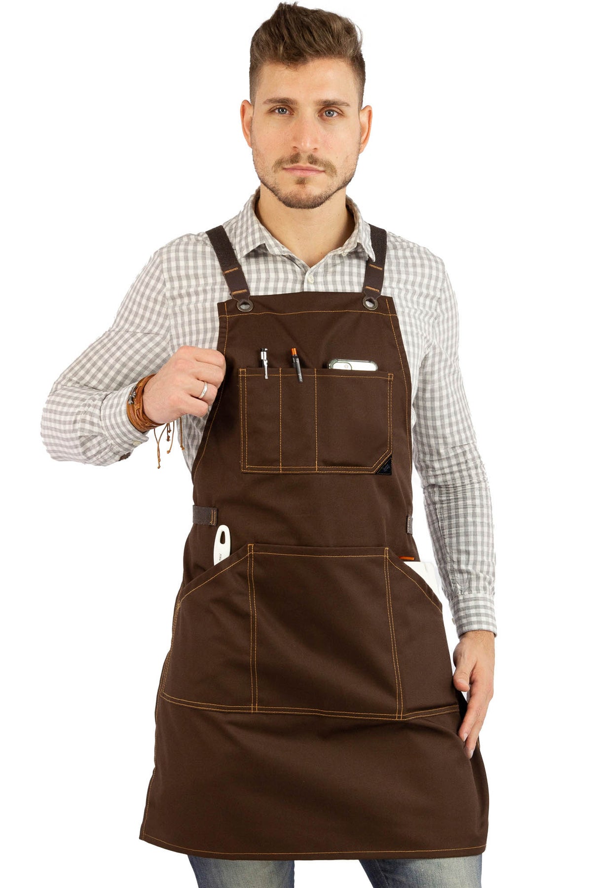 Work Apron - Professional Denim &amp; Twill, Leather Trim, CrossBack, Chef, Bartender, Shop, Server - Under NY Sky