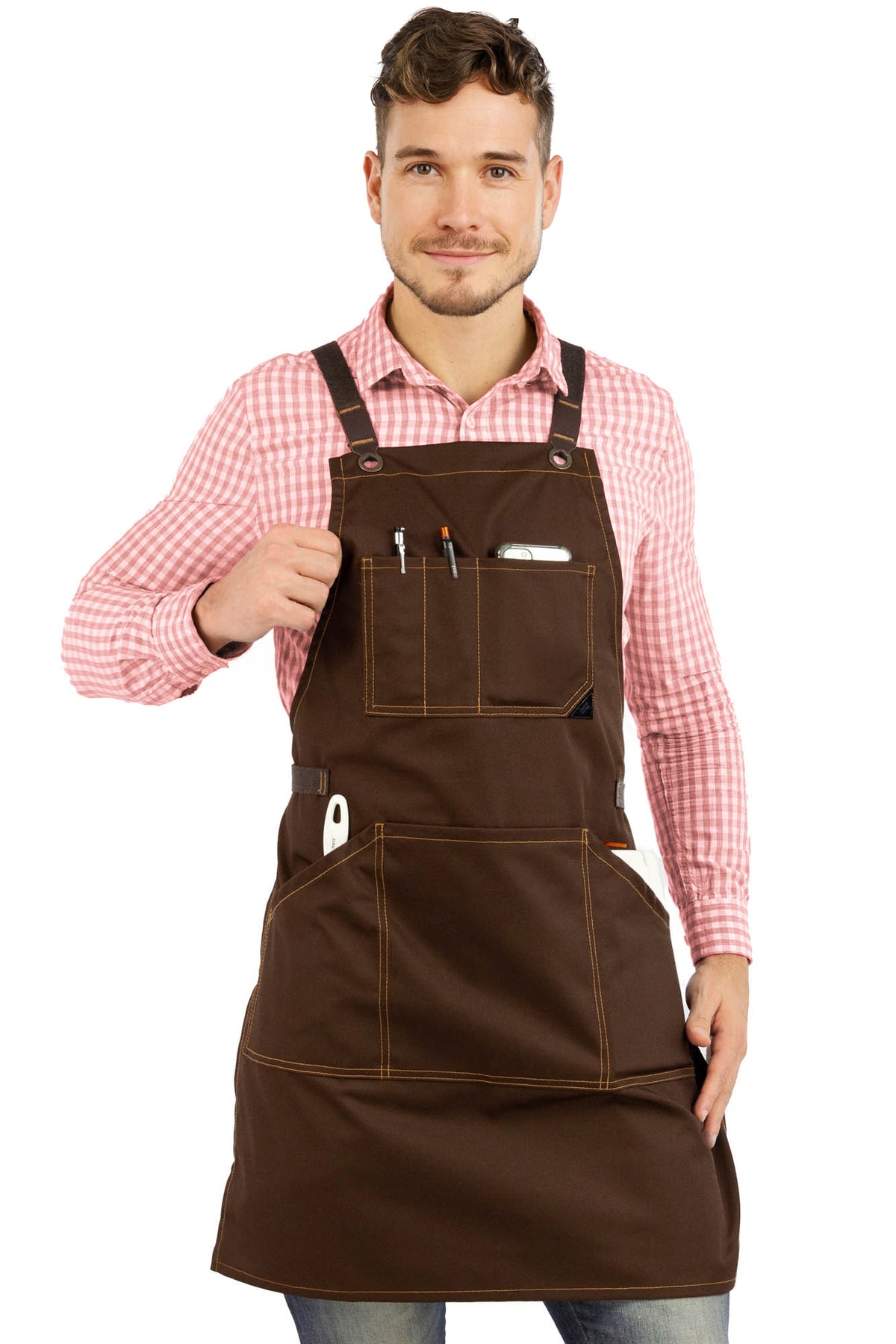 Avental de Trabalho – Jeans ou Sarja Profissional, Acabamento em Couro, Alças Cruzadas, Chef, Bartender, Comércio, Garçom - Under NY Sky