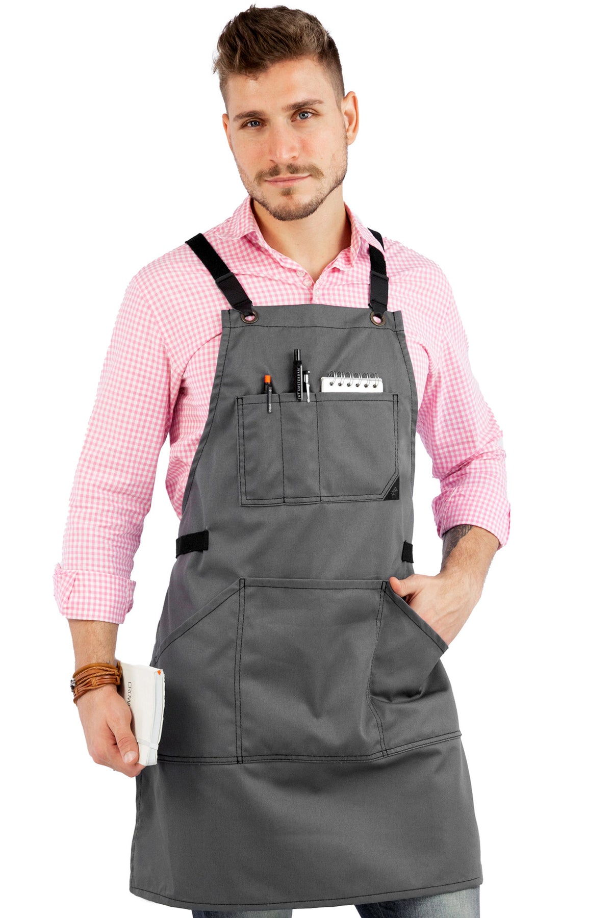 Work Apron - Professional Denim &amp; Twill, Leather Trim, CrossBack, Chef, Bartender, Shop, Server - Under NY Sky