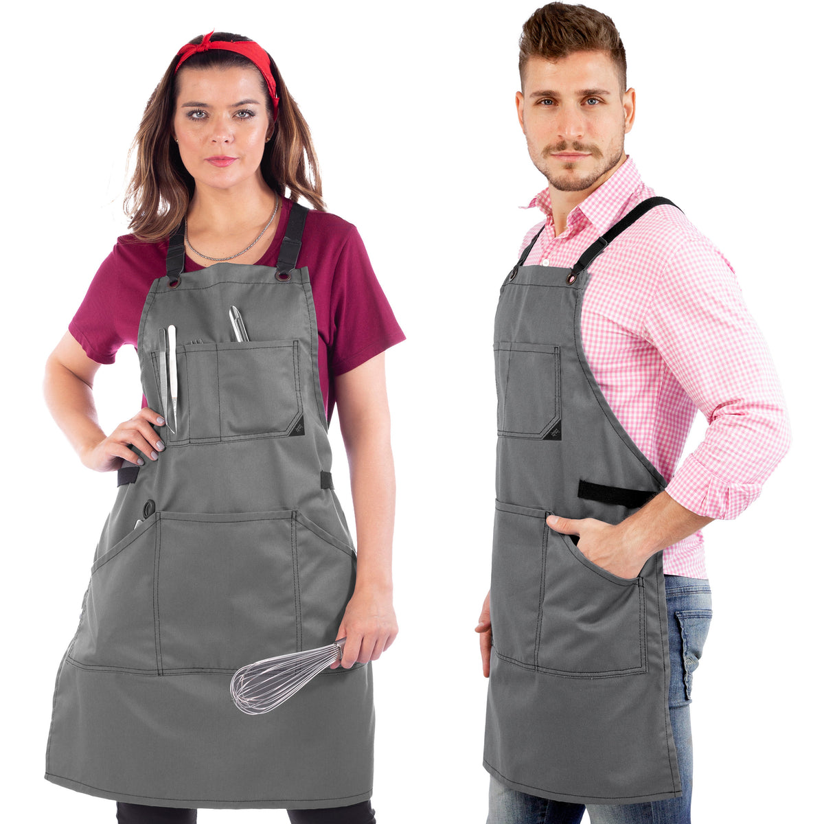 Work Apron - Professional Denim &amp; Twill, Leather Trim, CrossBack, Chef, Bartender, Shop, Server - Under NY Sky