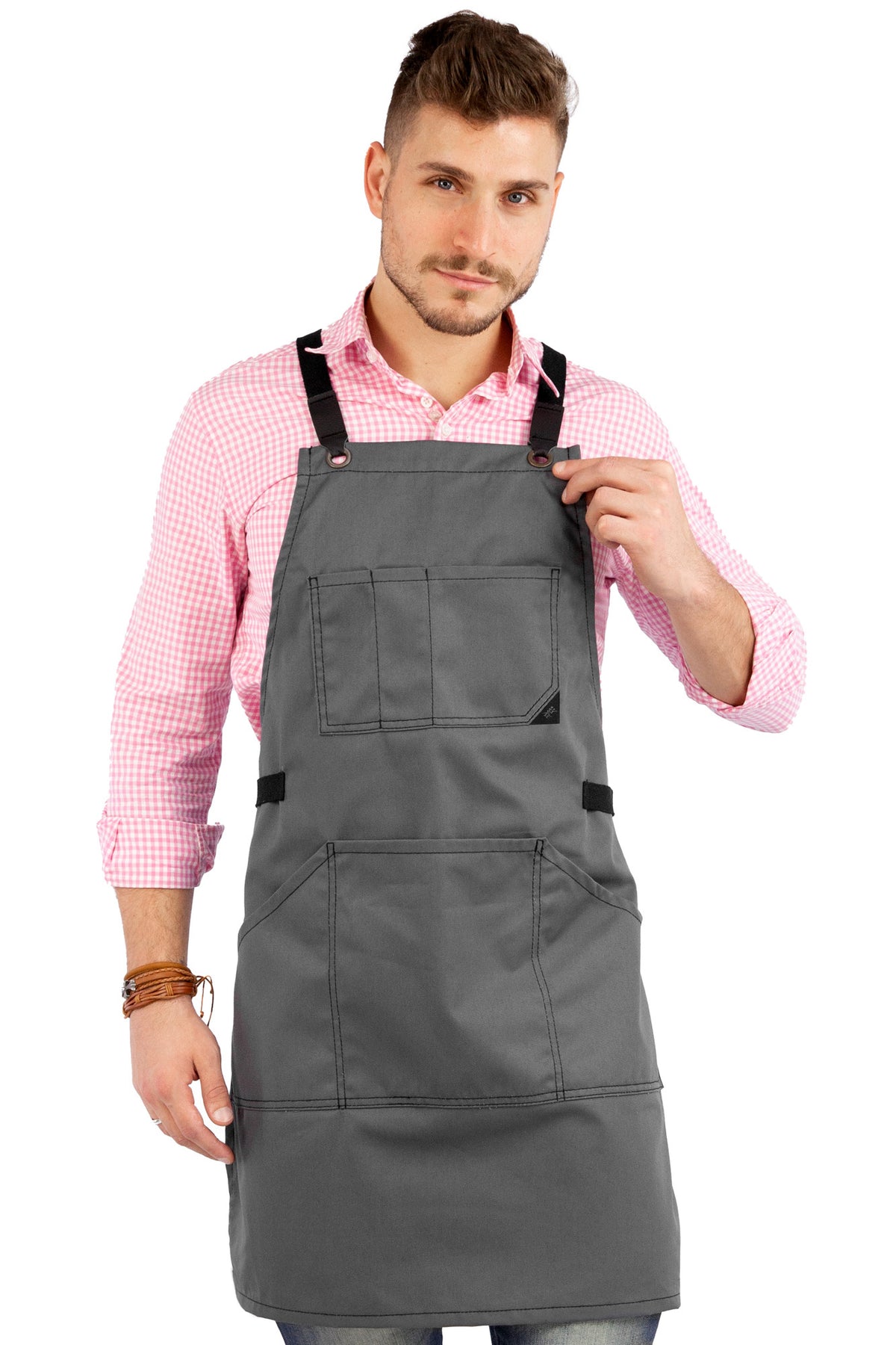 Work Apron - Professional Denim &amp; Twill, Leather Trim, CrossBack, Chef, Bartender, Shop, Server - Under NY Sky