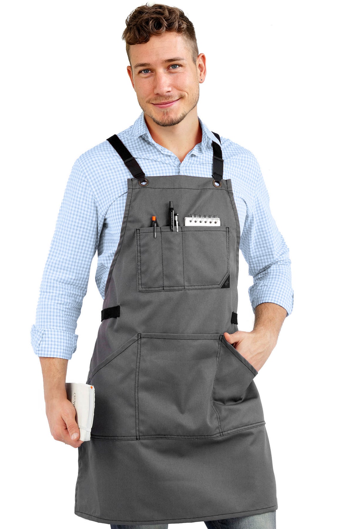 Avental de Trabalho – Jeans ou Sarja Profissional, Acabamento em Couro, Alças Cruzadas, Chef, Bartender, Comércio, Garçom - Under NY Sky