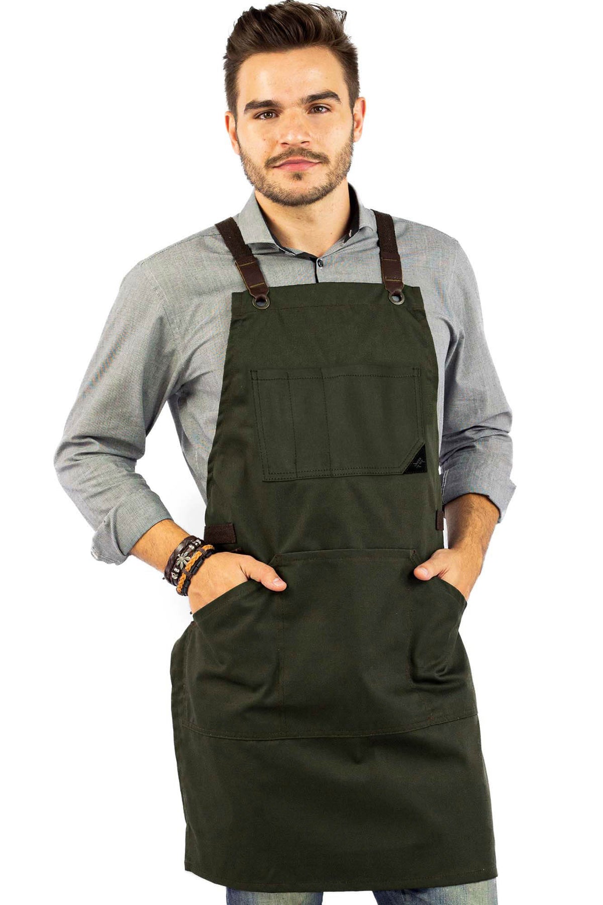 Work Apron - Professional Denim &amp; Twill, Leather Trim, CrossBack, Chef, Bartender, Shop, Server - Under NY Sky