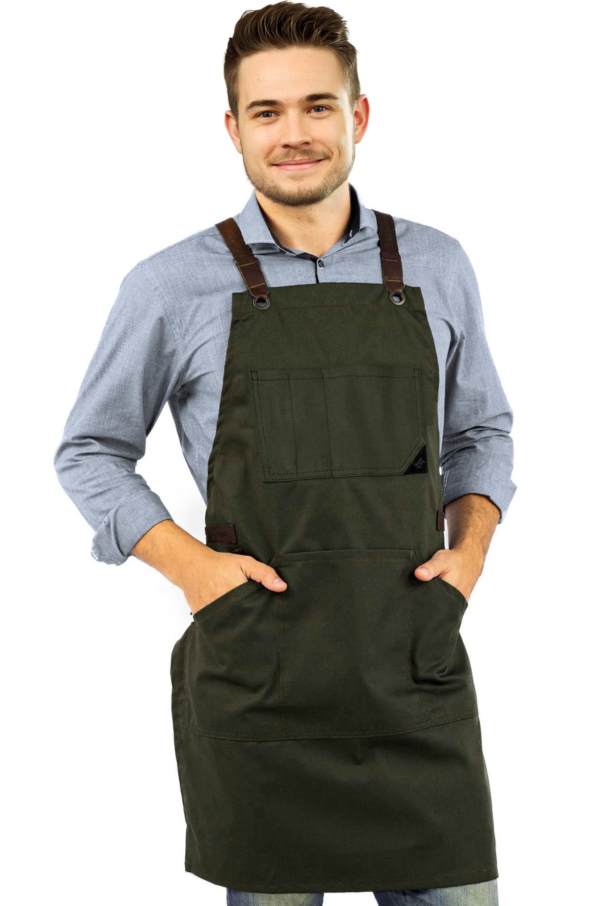 Avental de Trabalho – Jeans ou Sarja Profissional, Acabamento em Couro, Alças Cruzadas, Chef, Bartender, Comércio, Garçom - Under NY Sky