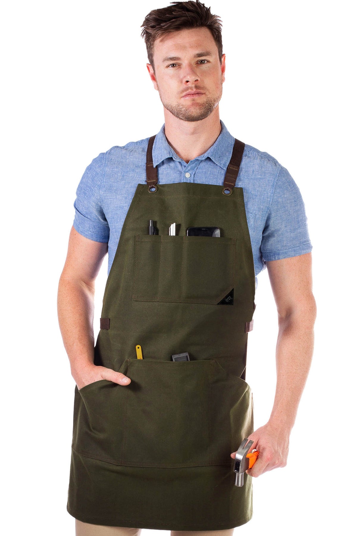 Work Apron - Waxed Canvas, Tool Pockets, CrossBack, Heavy-Duty, Chef, Woodwork, BBQ, Shop - Under NY Sky