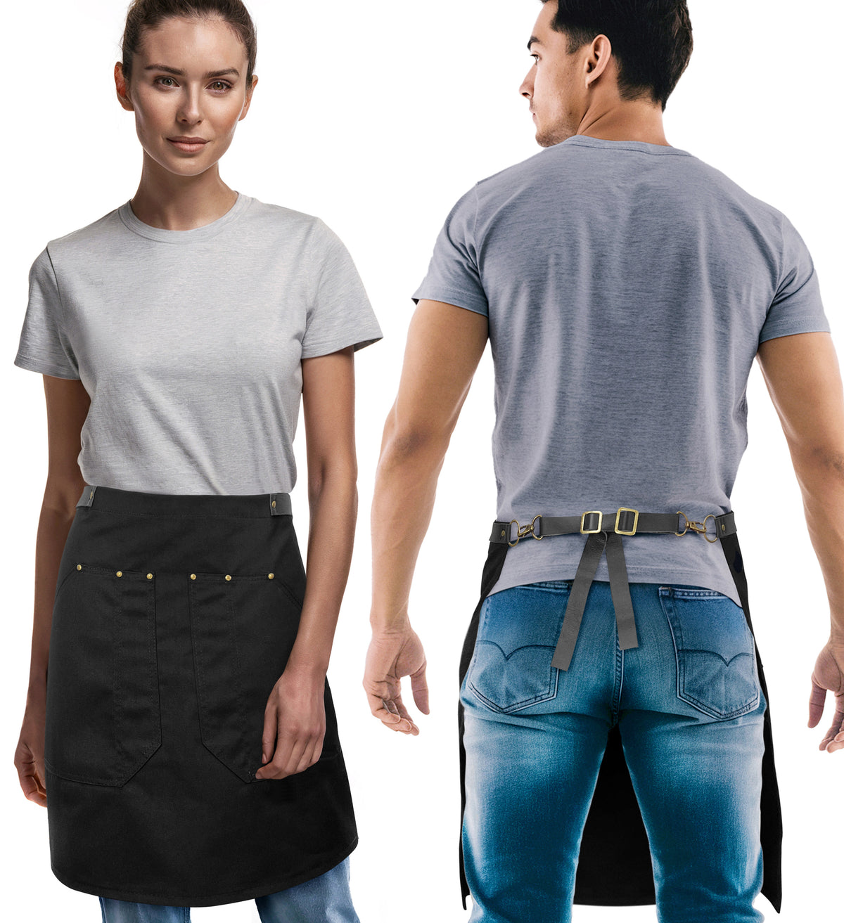 Half Barista Apron - Leather Strap and Loop - Riveted - Restaurant, Waiter, Bartender, Server - Under NY Sky