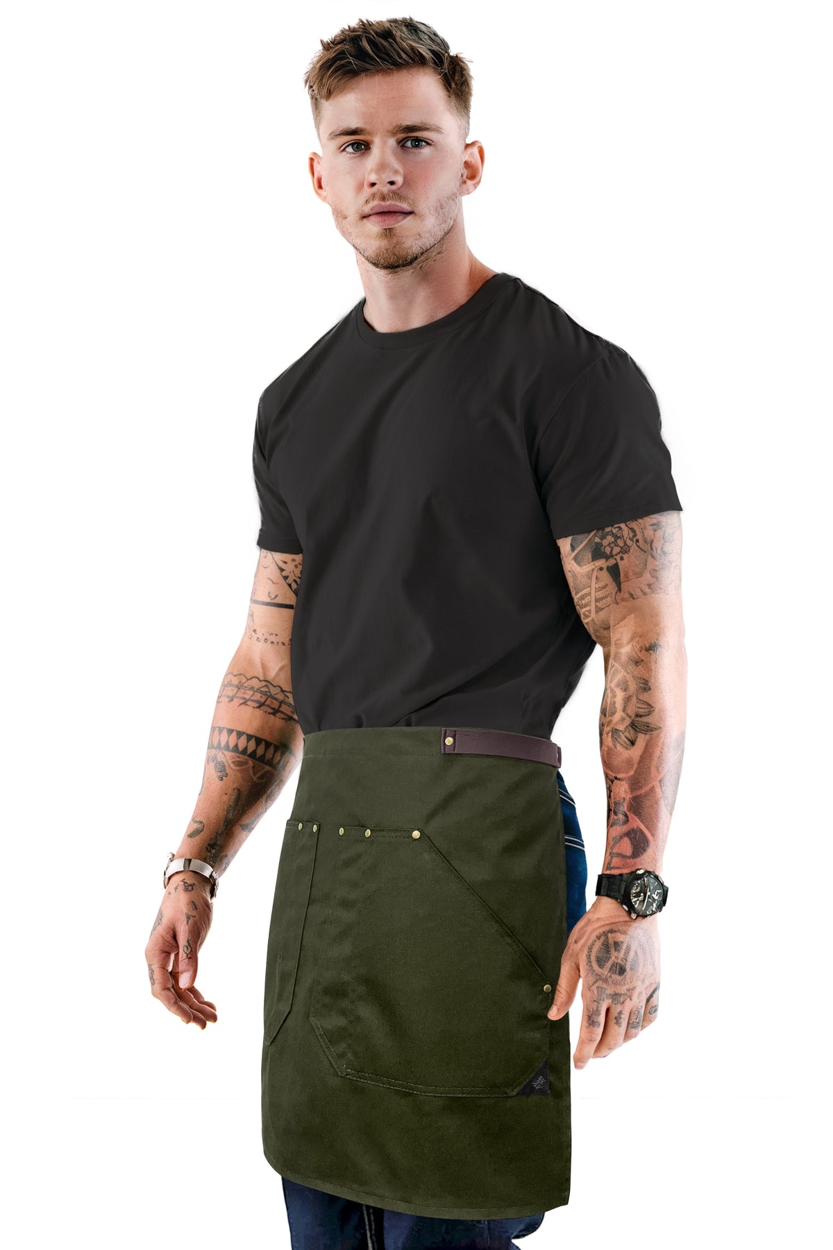 Half Barista Apron - Leather Strap and Loop - Riveted - Restaurant, Waiter, Bartender, Server - Under NY Sky