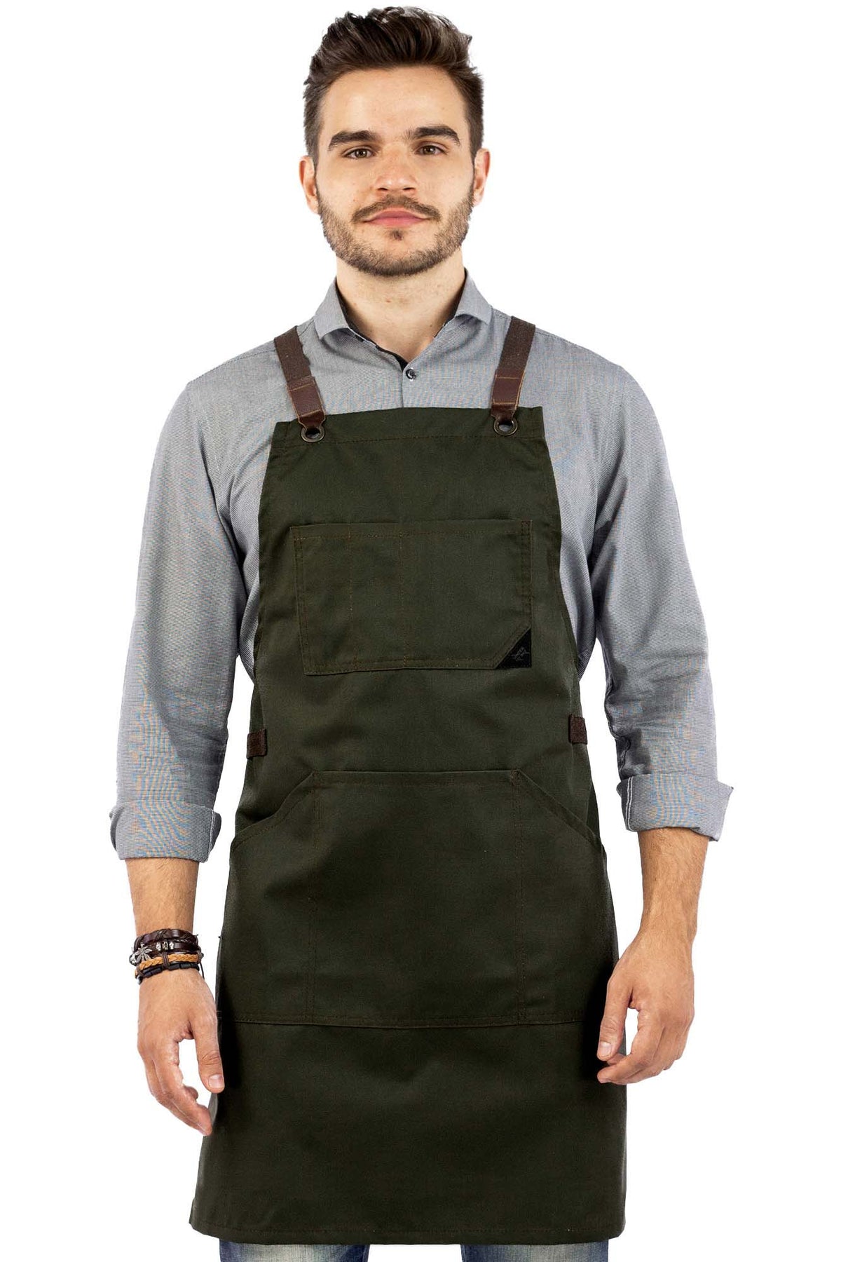 Work Apron - Professional Denim &amp; Twill, Leather Trim, CrossBack, Chef, Bartender, Shop, Server - Under NY Sky