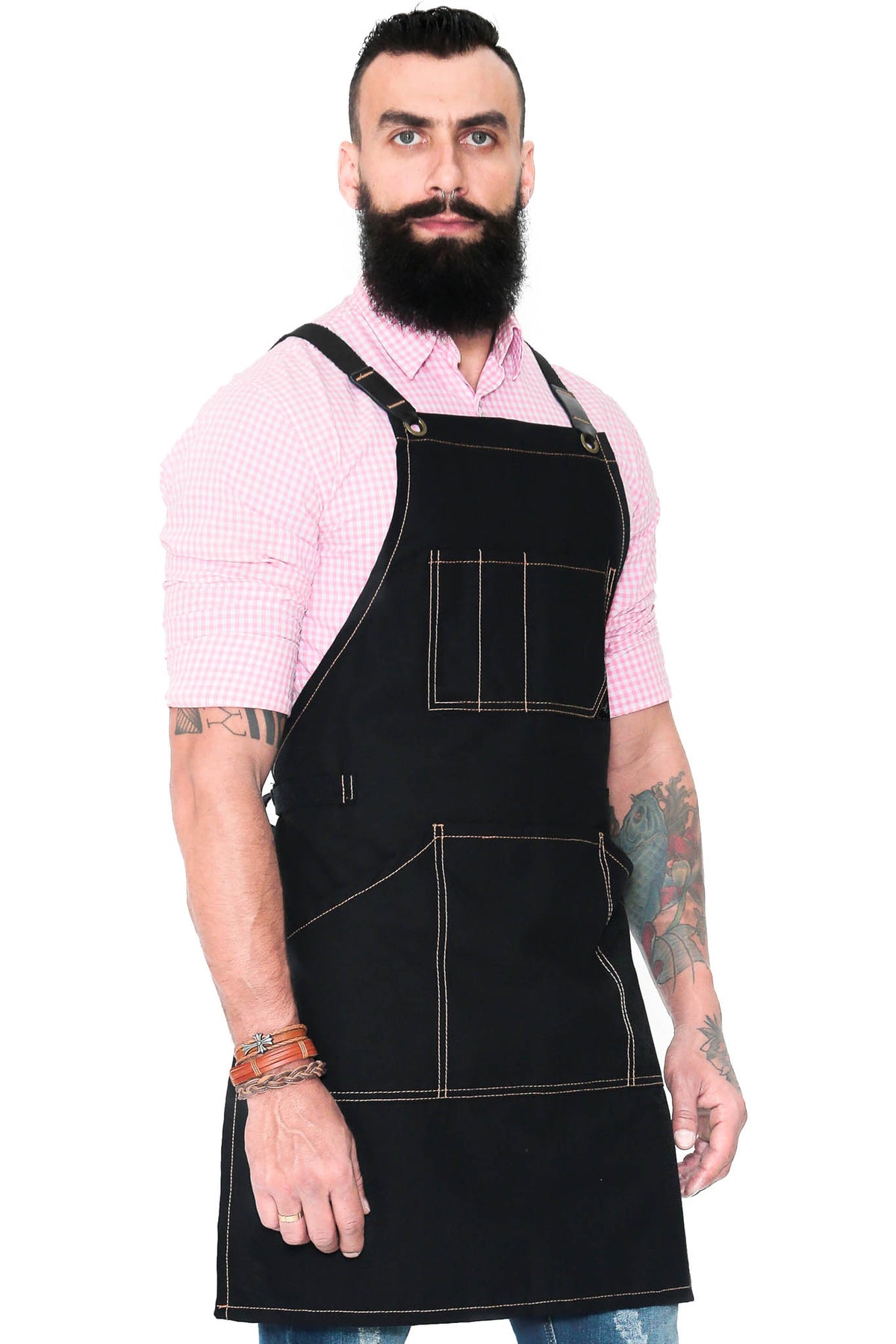 Work Apron - Professional Denim &amp; Twill, Leather Trim, CrossBack, Chef, Bartender, Shop, Server - Under NY Sky