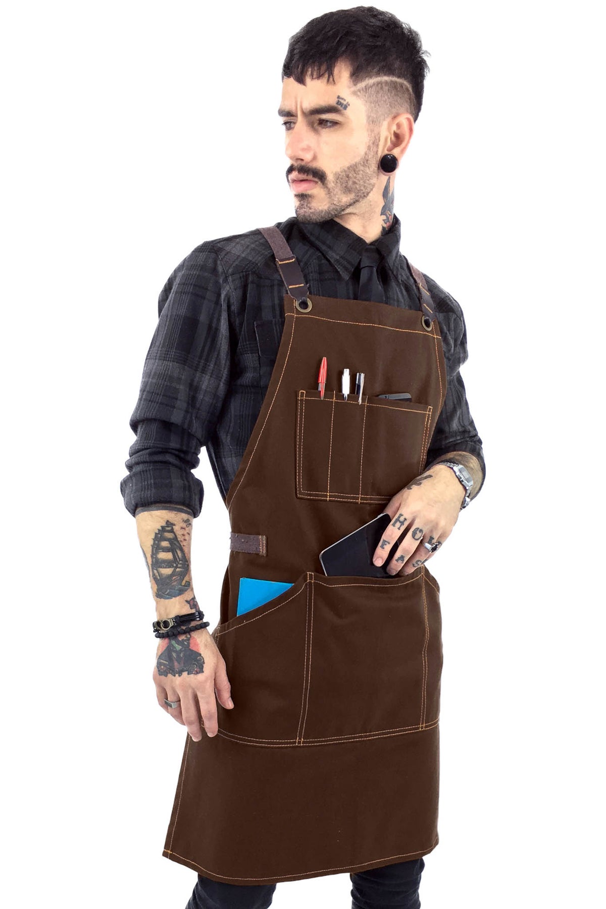 Work Apron - Professional Denim &amp; Twill, Leather Trim, CrossBack, Chef, Bartender, Shop, Server - Under NY Sky