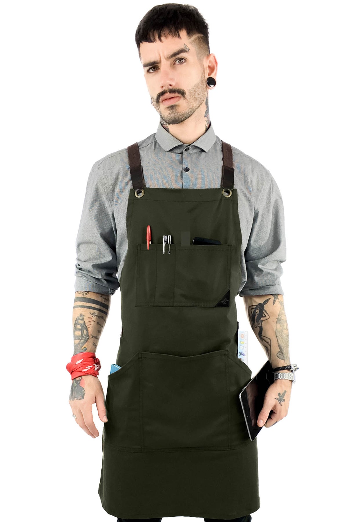 Work Apron - Professional Denim &amp; Twill, Leather Trim, CrossBack, Chef, Bartender, Shop, Server - Under NY Sky