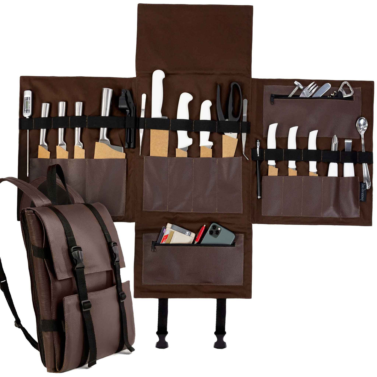 Knife Bag - Real Leather - 13 Knife Slots, 2 Zipped Pockets, Laptop Pocket - Expandable - Under NY Sky