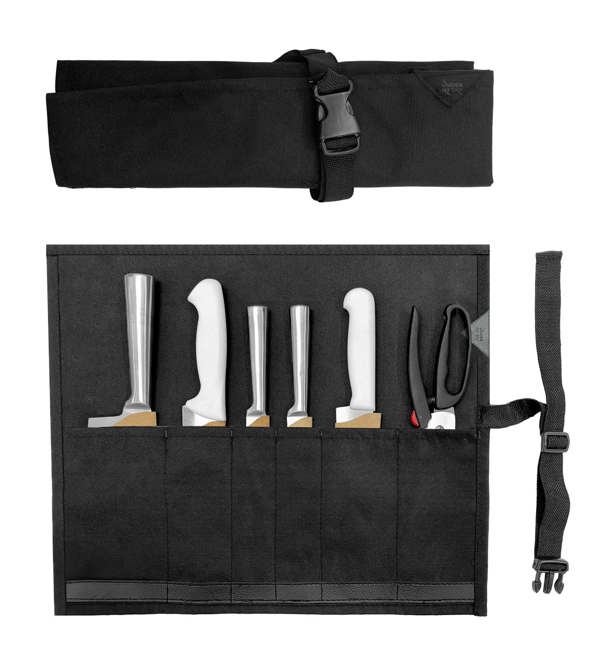 Estojo Porta Faca - 1, 2, 3, 4 ou 6 Bolsos - Bolsa Portátil em Lona Oxford Resistente para Ferramentas de Cozinha, Utensílios, Case Rolo para Facas - Chef, Grill, Churrasco -  Under NY Sky