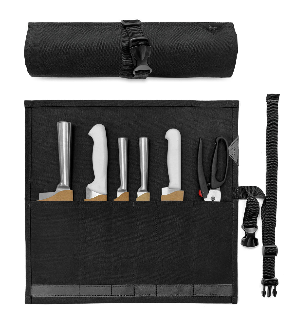 Estojo Porta Facas - 1, 2, 3, 4 ou 6 Bolsos - Bolsa Portátil em Lona Parafinada para Ferramentas de Cozinha, Utensílios, Case Rolo para Facas - Chefs, Grill, Churrasco -  Under NY Sky