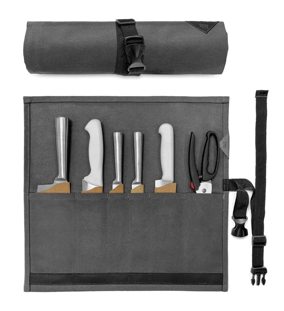 Estojo Porta Facas - 1, 2, 3, 4 ou 6 Bolsos - Bolsa Portátil em Lona Parafinada para Ferramentas de Cozinha, Utensílios, Case Rolo para Facas - Chefs, Grill, Churrasco -  Under NY Sky