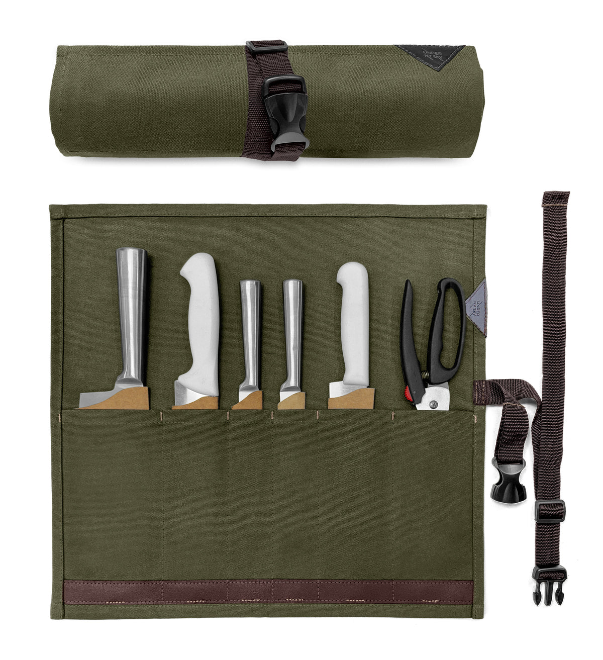 Estojo Porta Facas - 1, 2, 3, 4 ou 6 Bolsos - Bolsa Portátil em Lona Parafinada para Ferramentas de Cozinha, Utensílios, Case Rolo para Facas - Chefs, Grill, Churrasco -  Under NY Sky