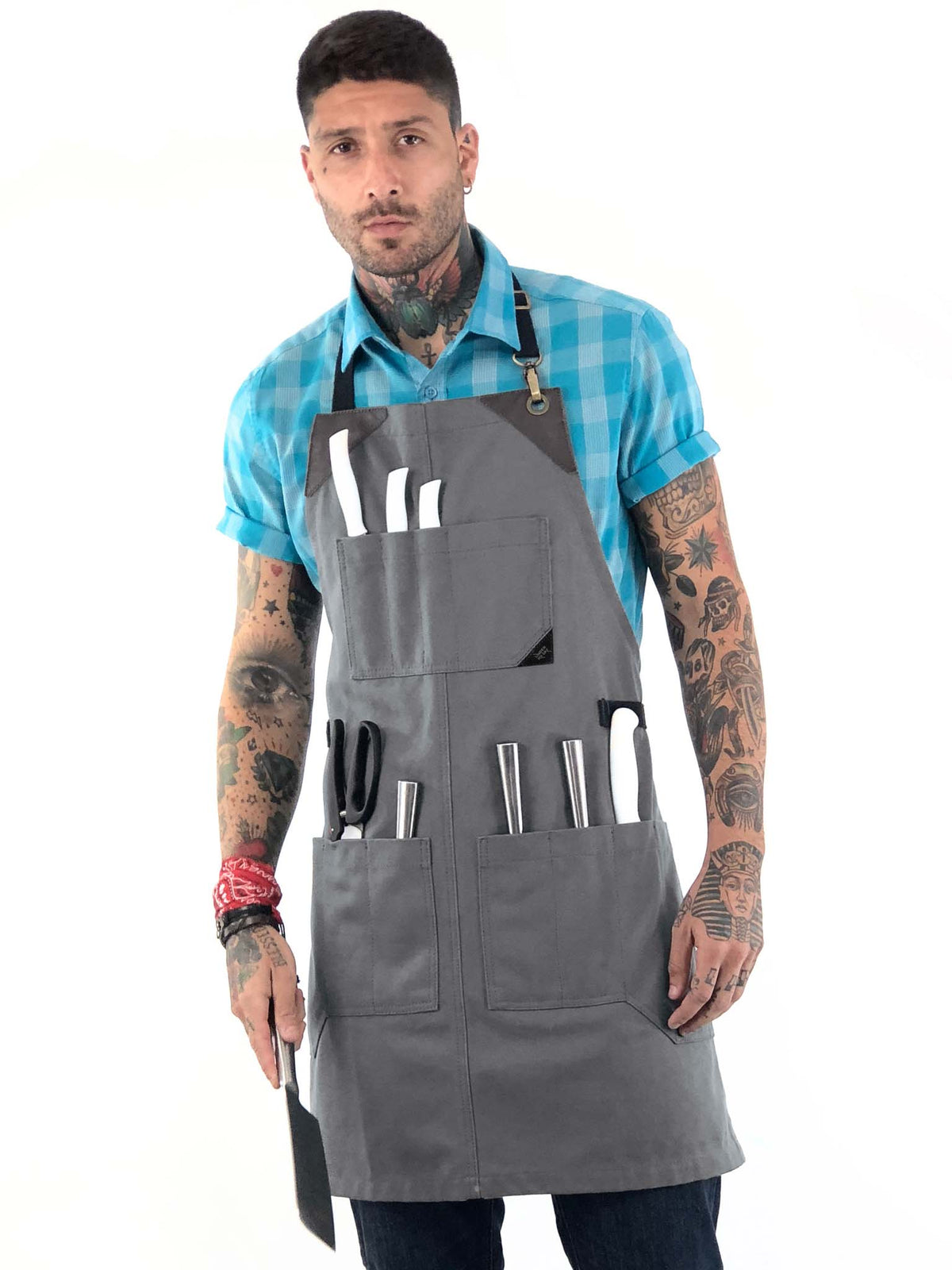 Utility Apron - Heavy-Duty Canvas, Folds into Knife Roll, Leather Trim - Chef, BBQ, Butcher - Under NY Sky 