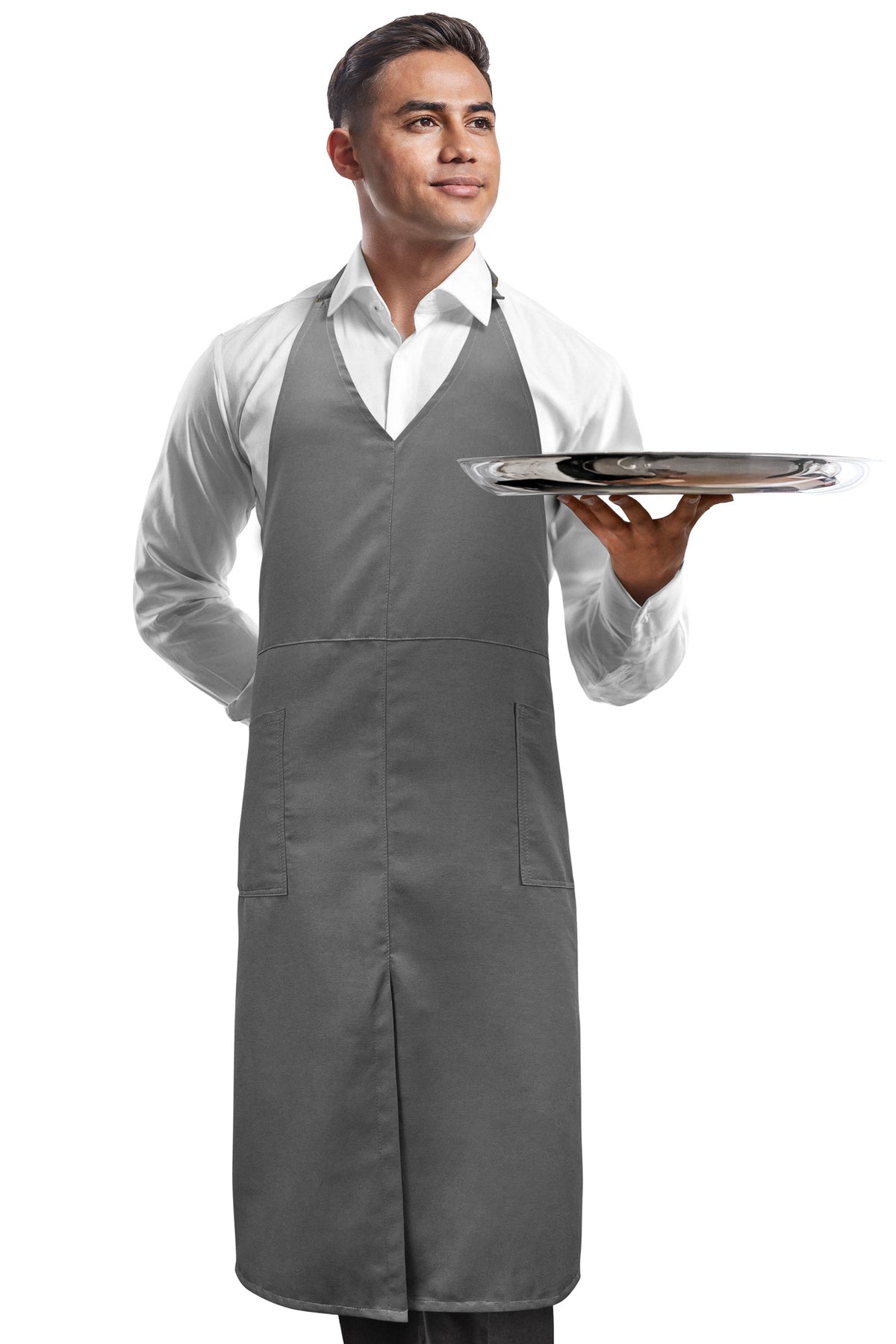 V Neck Long Apron Tuxedo Style - Front Slit, 2 Pockets - Server, Waiter, Chef, Bistrot, Restaurant -  Under NY Sky