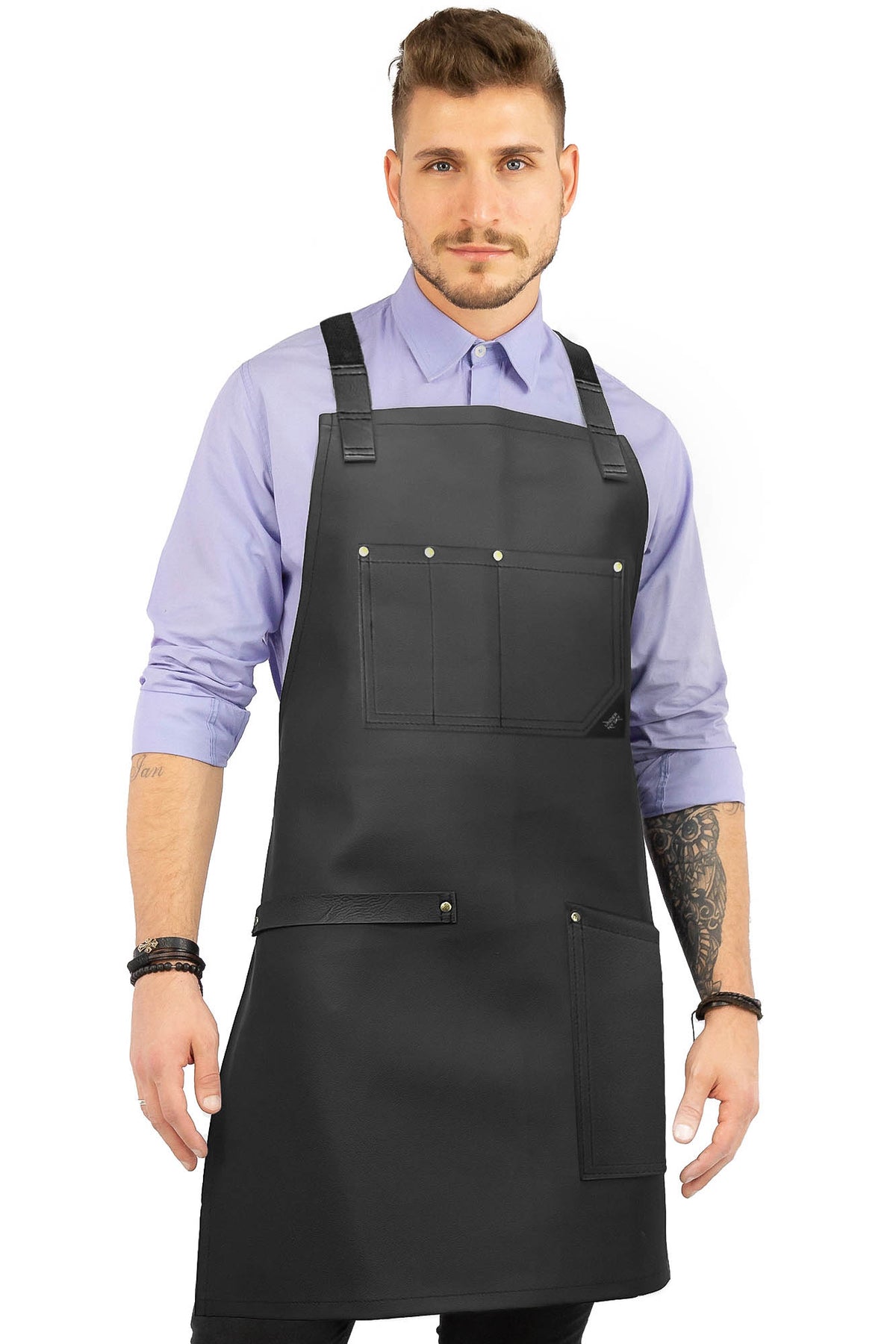 Leather Apron, Cross-back Straps, Reinforced, for Barbers - Vegan Leather - Black or Brown -  Under NY Sky