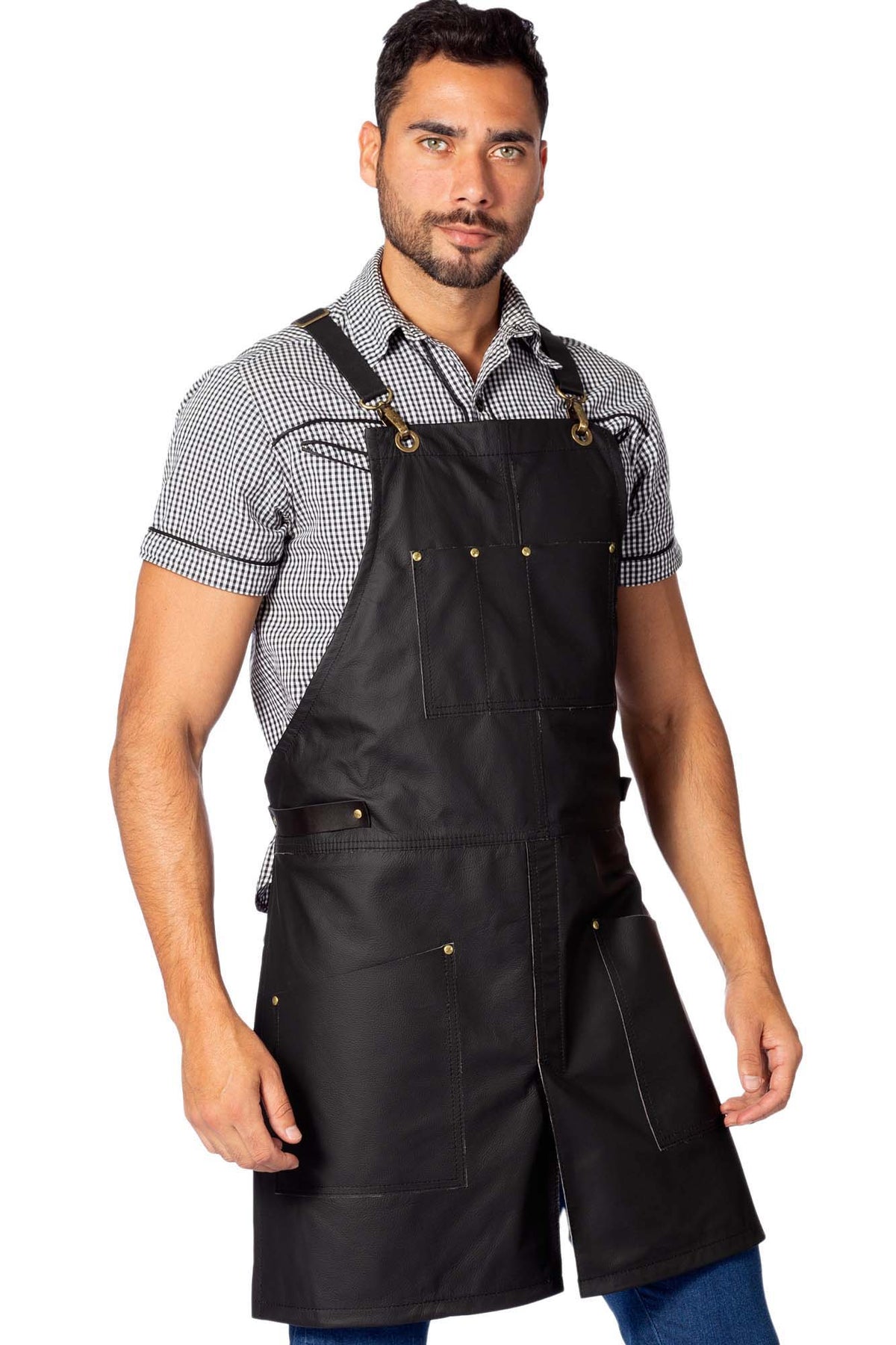 Leather Apron - Real Leather Body, Pockets &amp; Crossback Straps - Split-Leg, Riveted, Lined - Under NY Sky