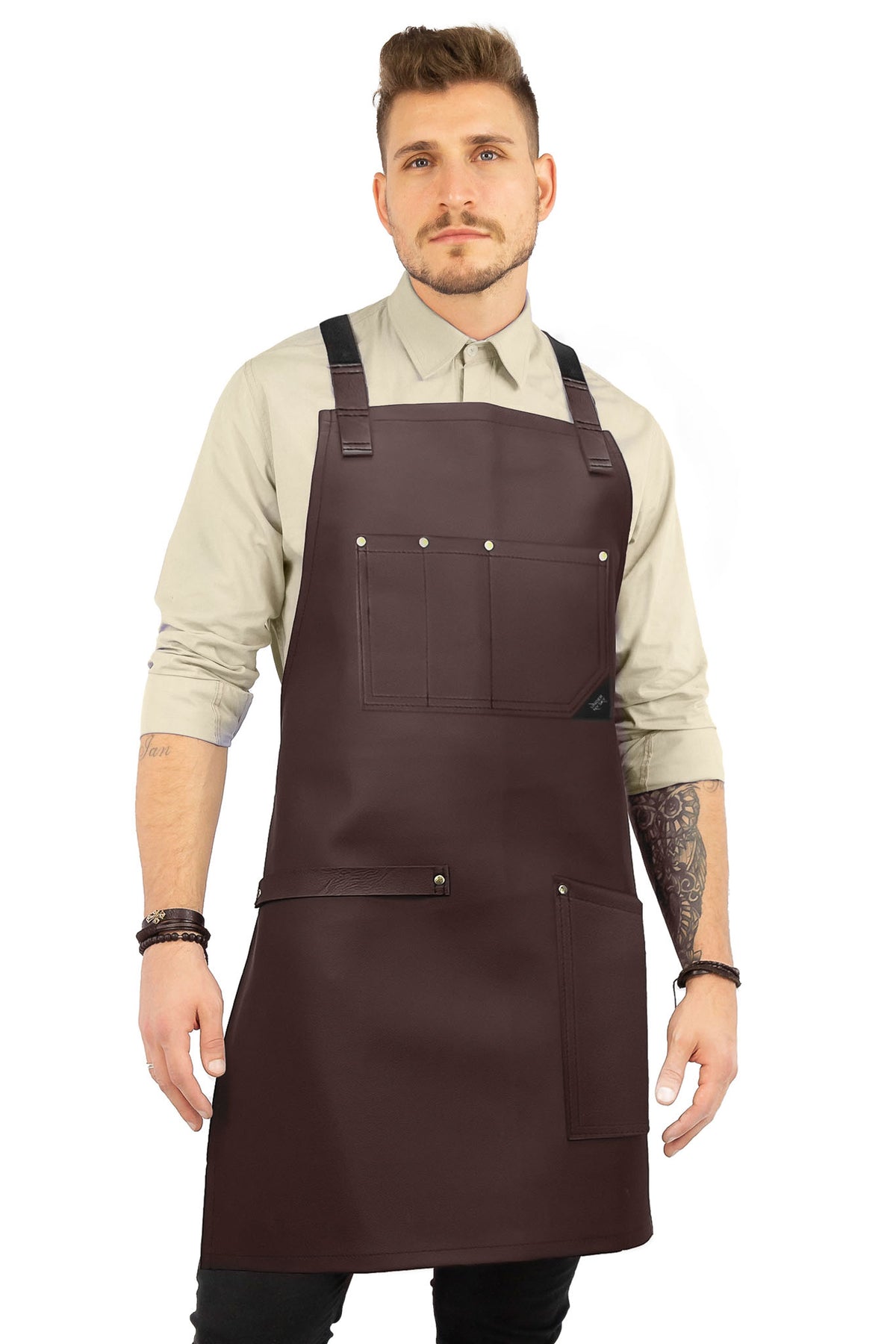 Leather Apron, Cross-back Straps, Reinforced, for Barbers - Vegan Leather - Black or Brown -  Under NY Sky