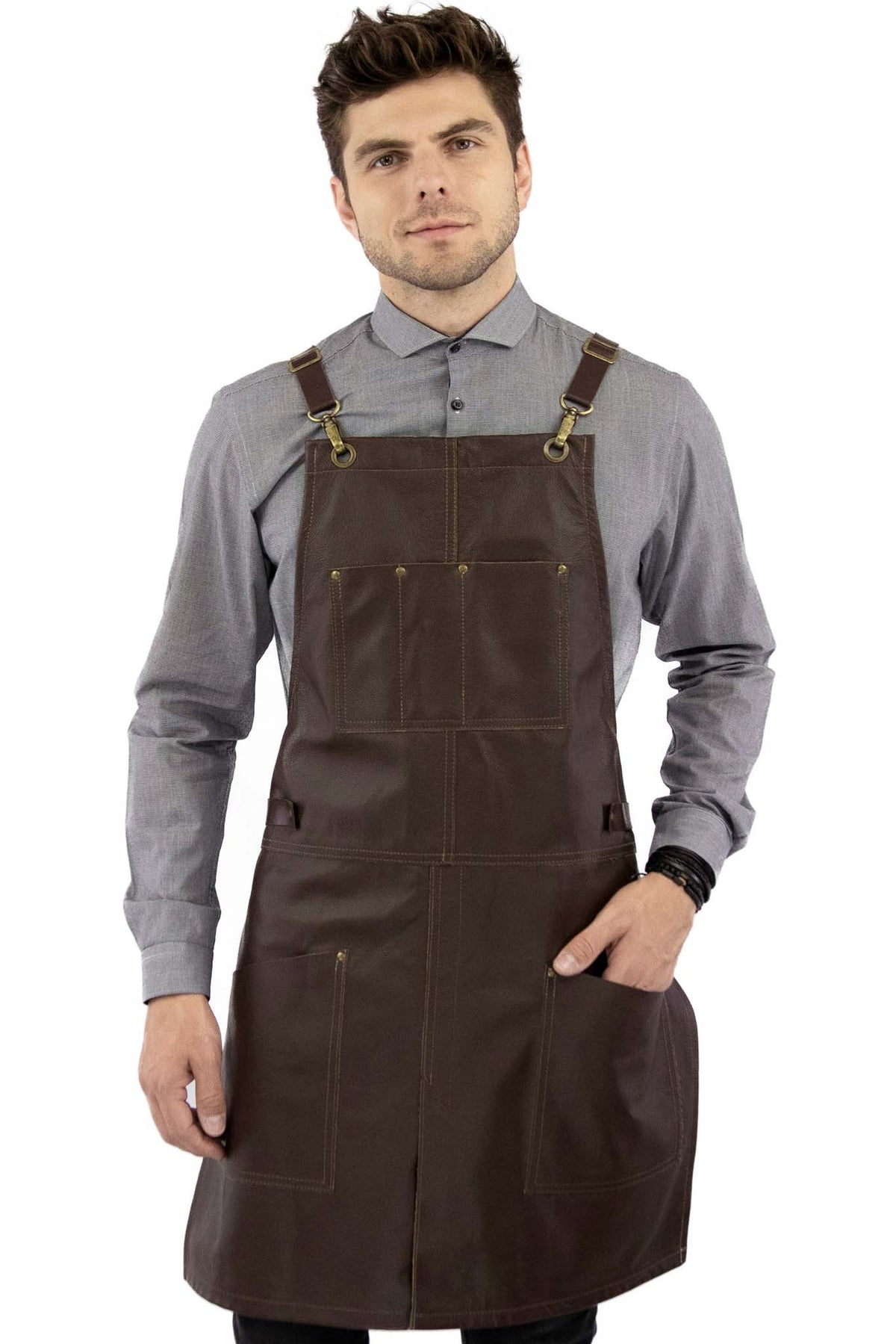 Leather Apron - Real Leather Body, Pockets &amp; Crossback Straps - Split-Leg, Riveted, Lined - Under NY Sky