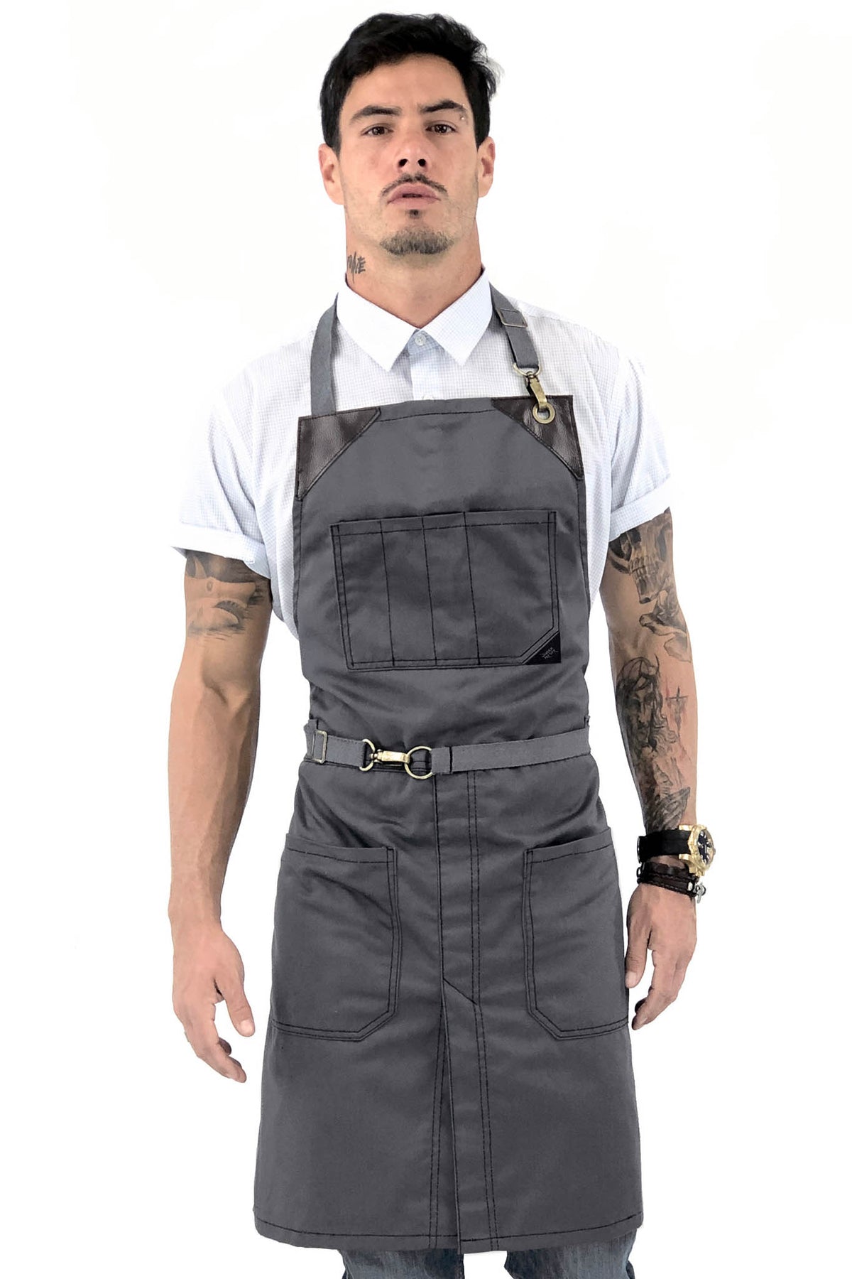 Chef Apron - Twill, No-Tie, Leather Trim, Split - Chef, Bartender, Barista, Grill, Shop - Under NY Sky