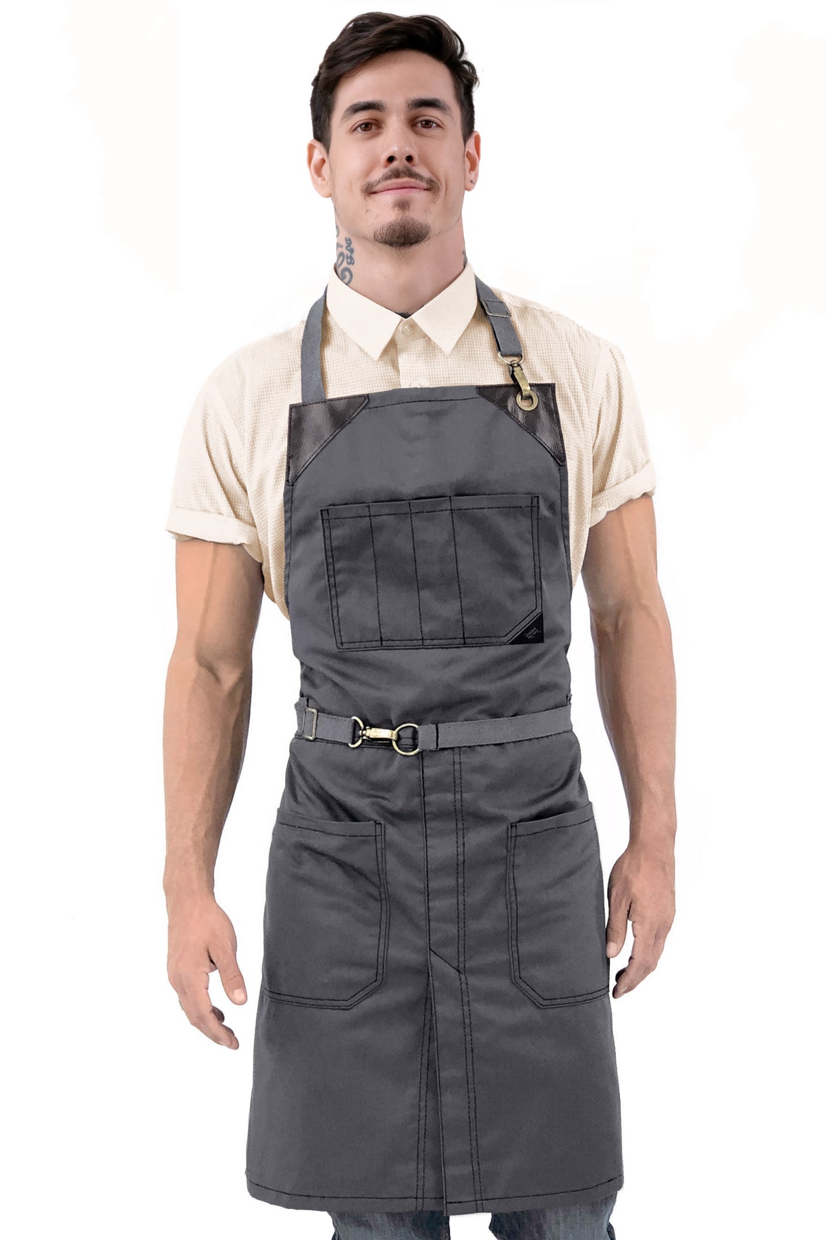 Avental para Chef - Em Sarja, Sem Laços, Acabamento em Couro, Fenda na Perna - Barman, Barista, Churrasqueiro, Comércio -  Under NY Sky