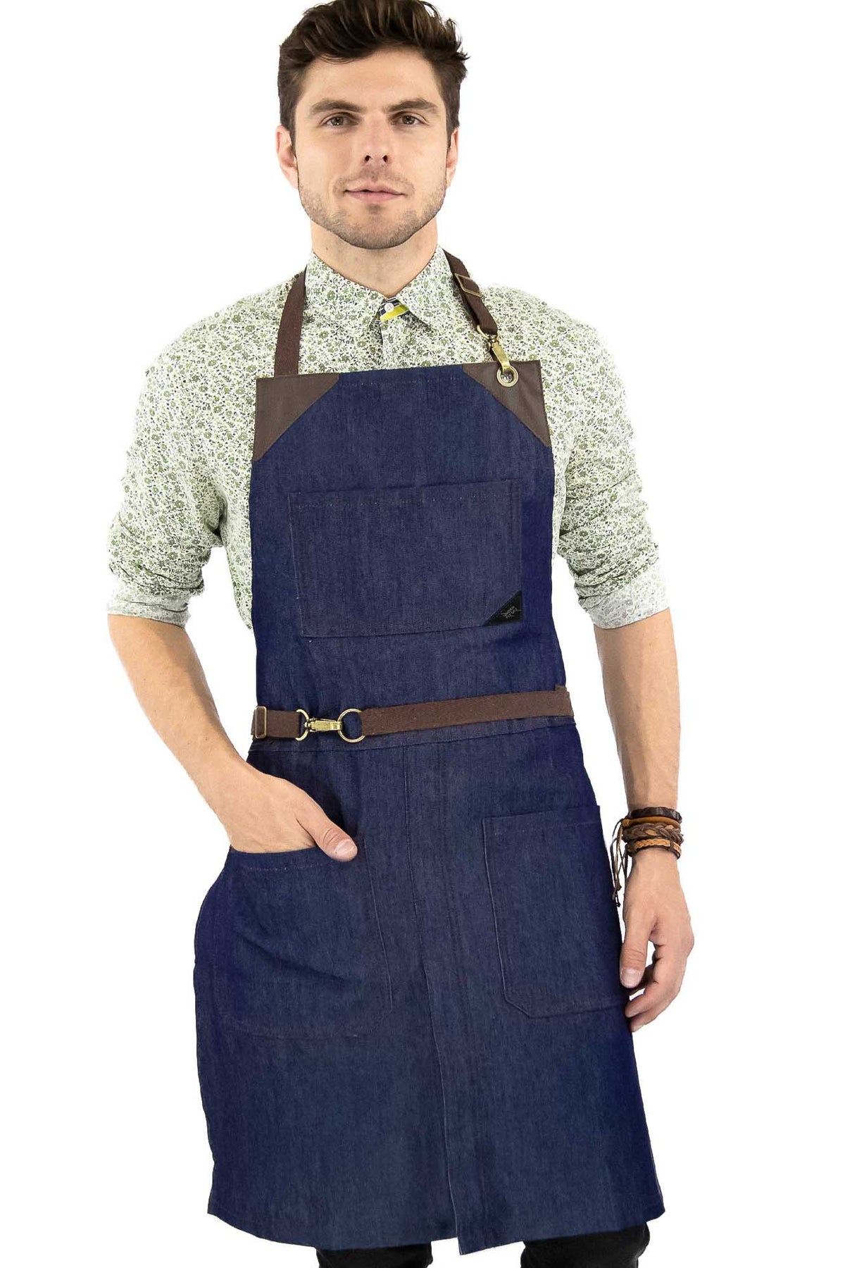 Denim Apron - Easy-Fastening, Leather Trim, Adjustable - Chef, Bartender, BBQ, Shop, Barber, Salon - Under NY Sky